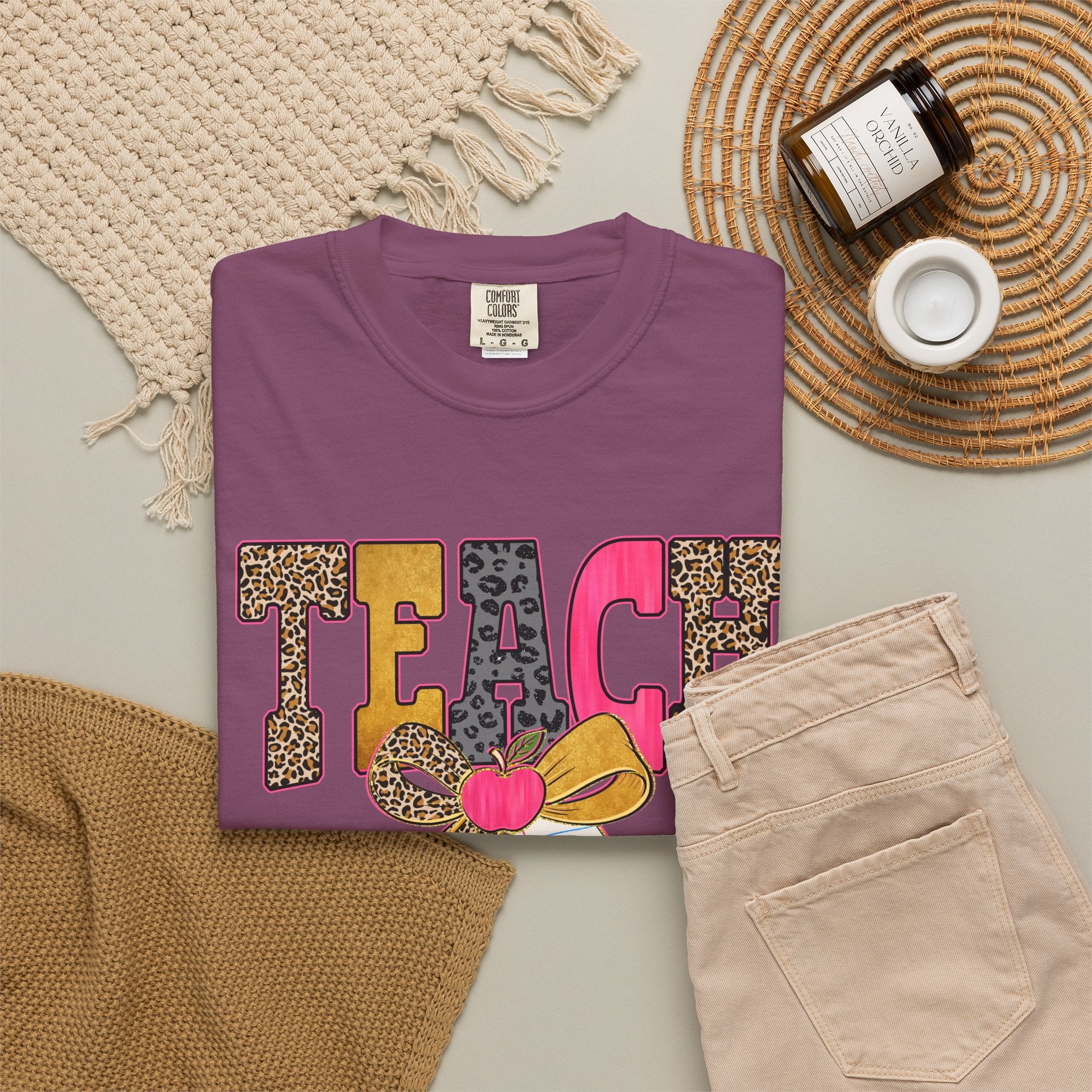 Teacher Graphic Tee — 'TEACH' Leopard Print Pencil Bow Design