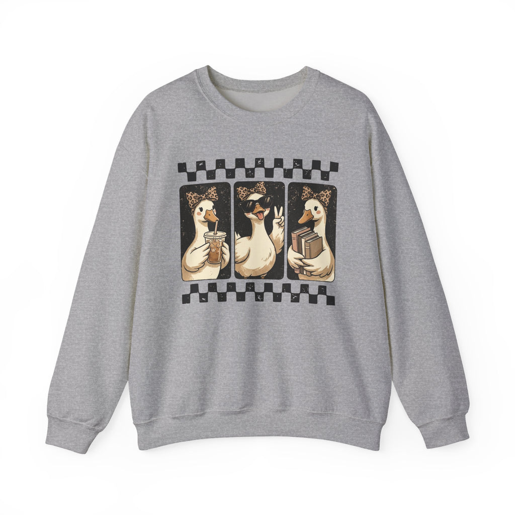 Duck Trio Crewneck Sweatshirt — Vintage Checkered Retro Goose Illustration