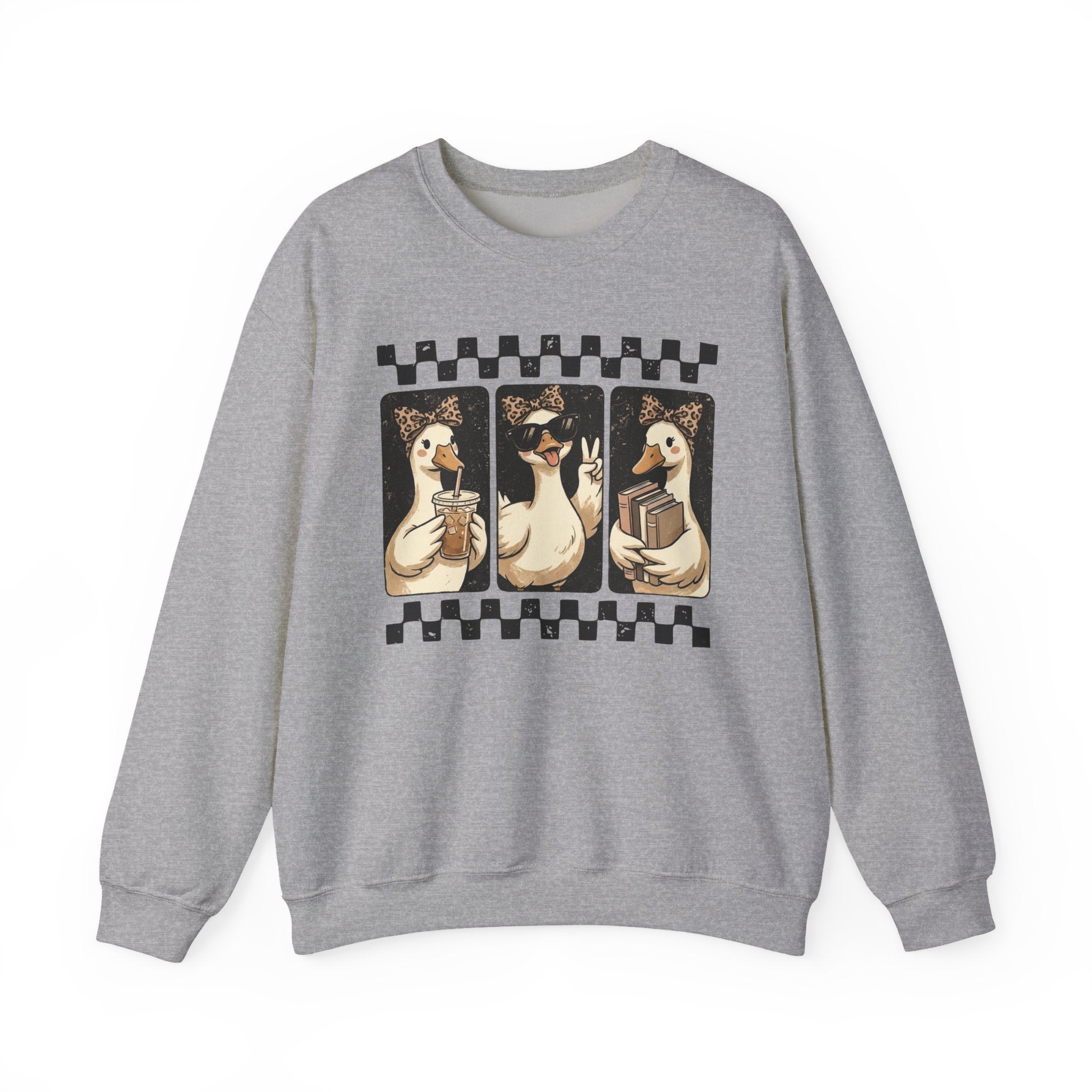Duck Trio Crewneck Sweatshirt — Vintage Checkered Retro Goose Illustration