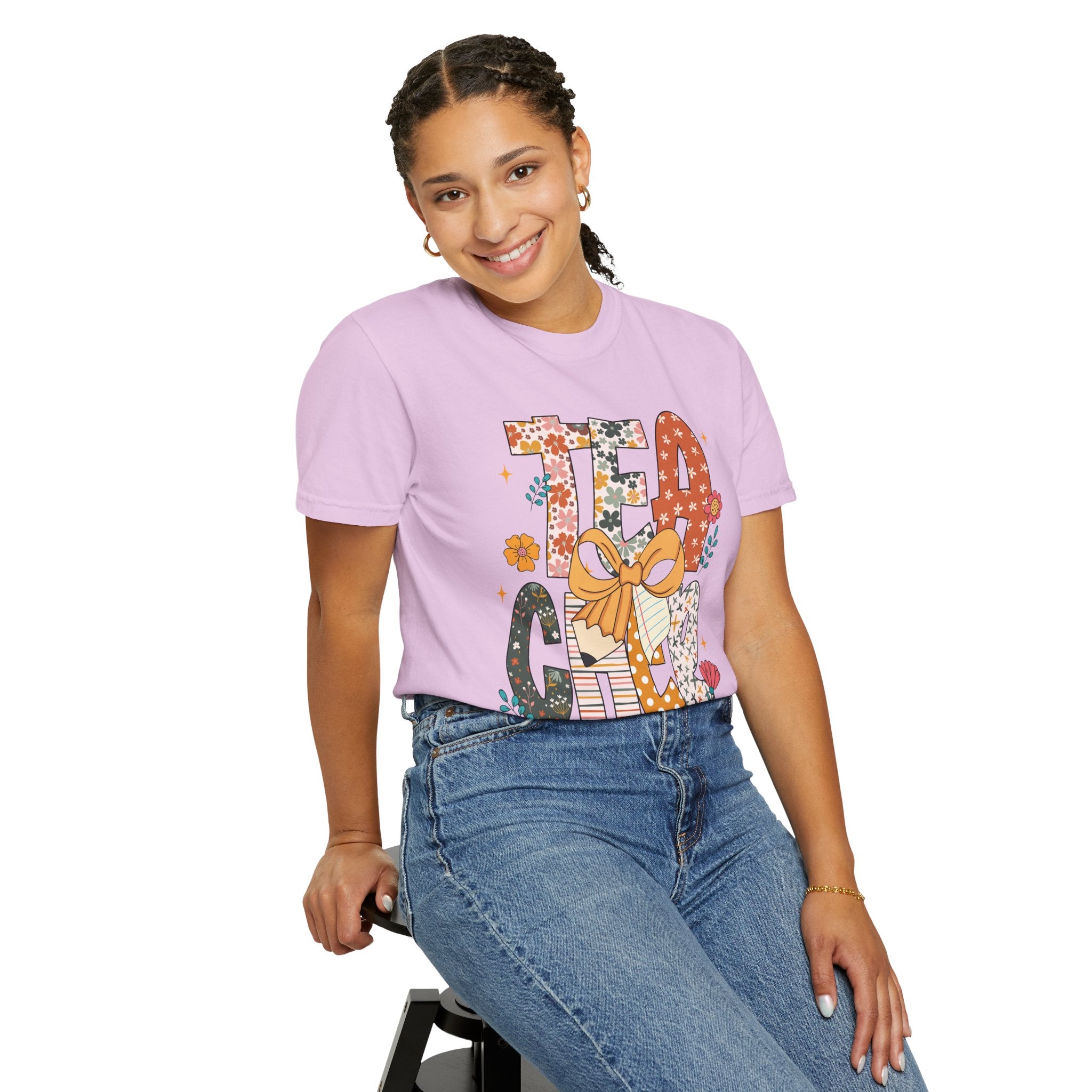 Teacher Graphic T-Shirt — Floral "Teacher" Design with Ribbon