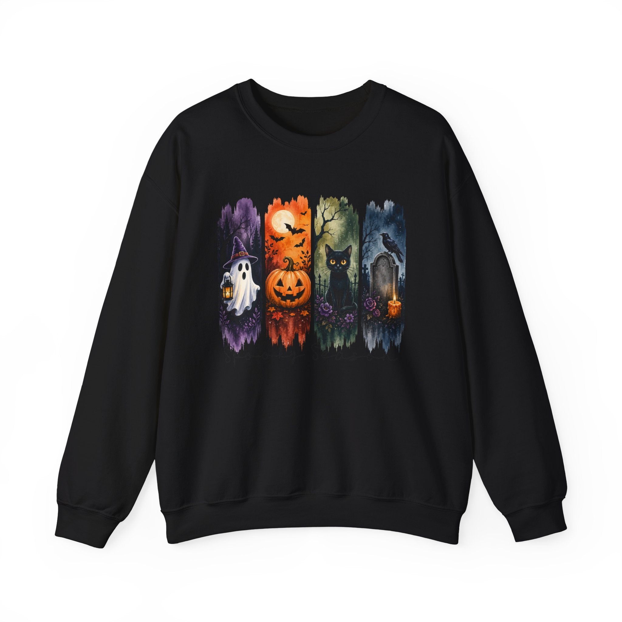 Halloween Seasons Crewneck Sweatshirt — Spooky Ghost, Jack-o'-Lantern & Haunted Night Design