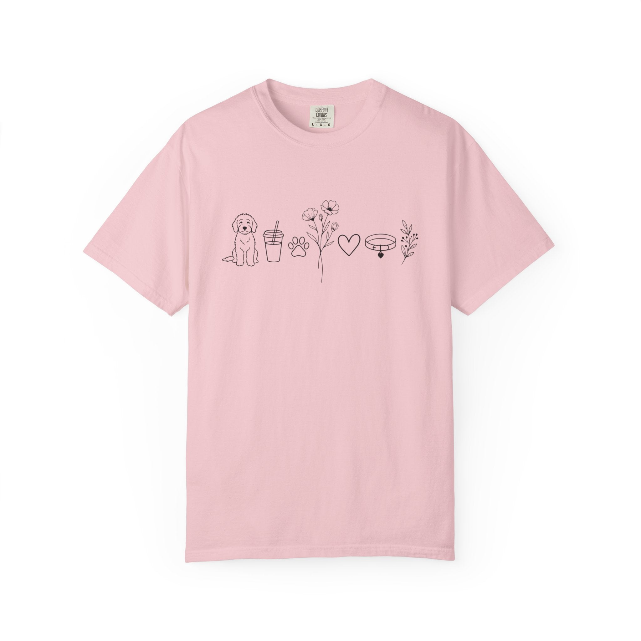 Minimal Doodle and Floral Icons T-Shirt — Coffee, Plants & Dog Line Art Tee