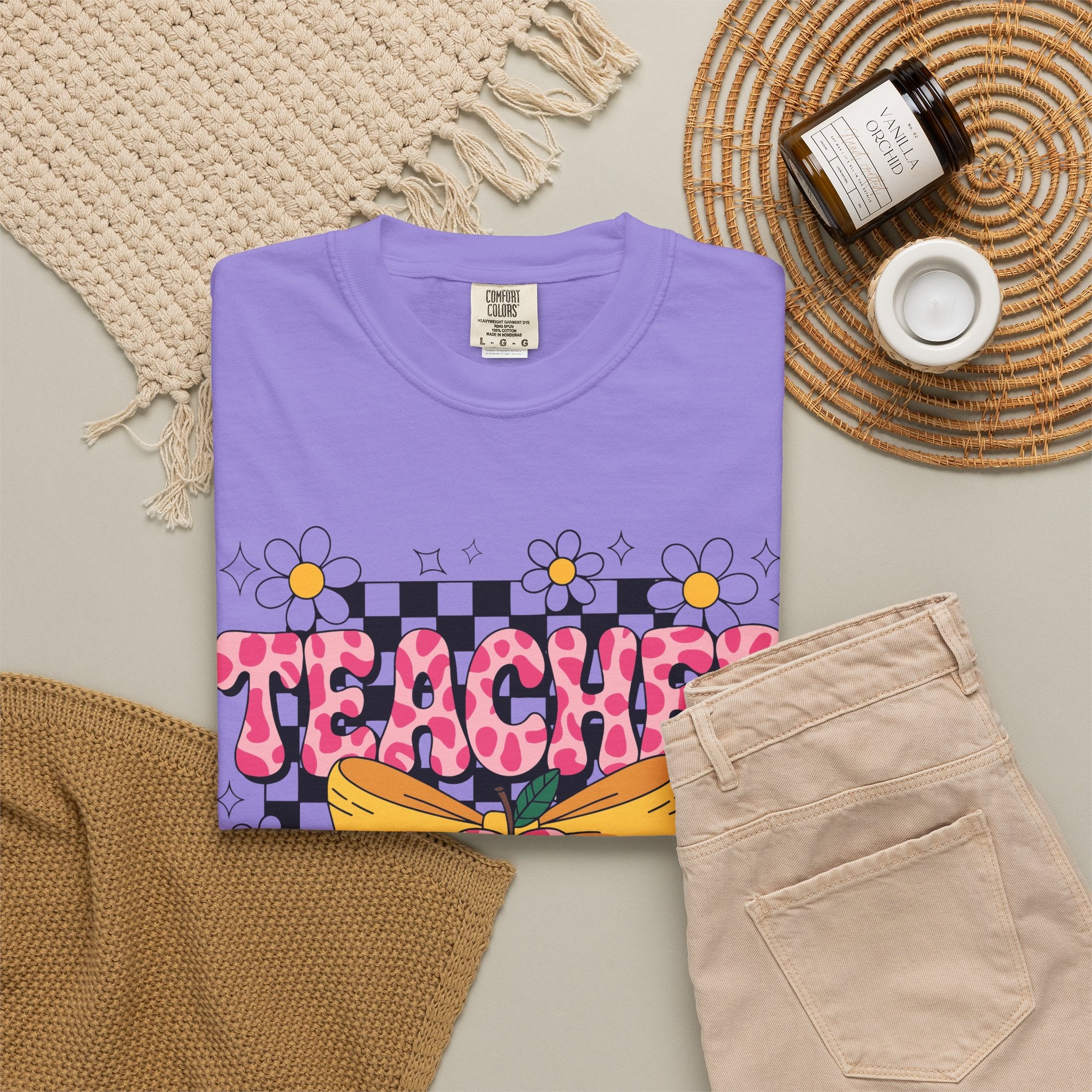 Teacher Floral Bow T‑Shirt — Cute Checkerboard & Heart Design for Educators