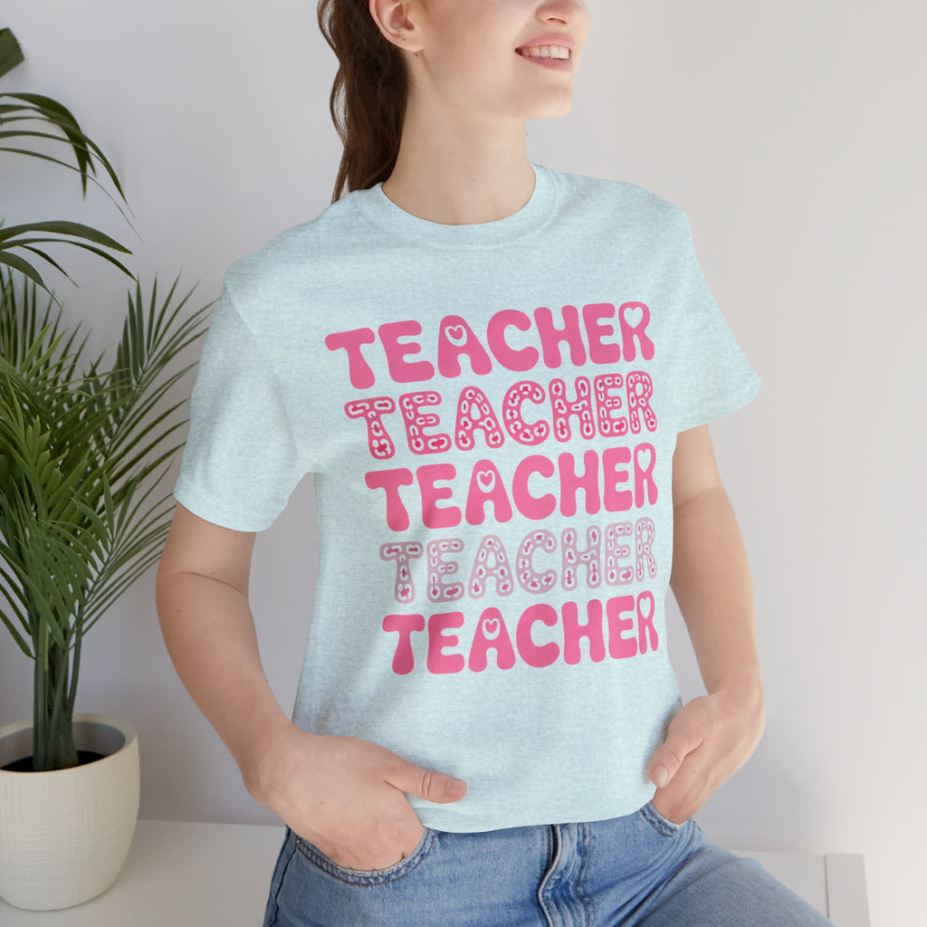 Teacher Repeating Pink Typography T‑Shirt