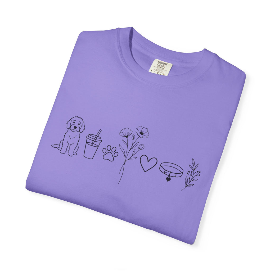 Minimal Doodle and Floral Icons T-Shirt — Coffee, Plants & Dog Line Art Tee