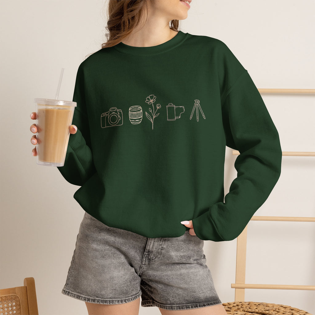 Photography Icons Crewneck Sweatshirt — Minimal Camera, Lens, Film & Tripod Design