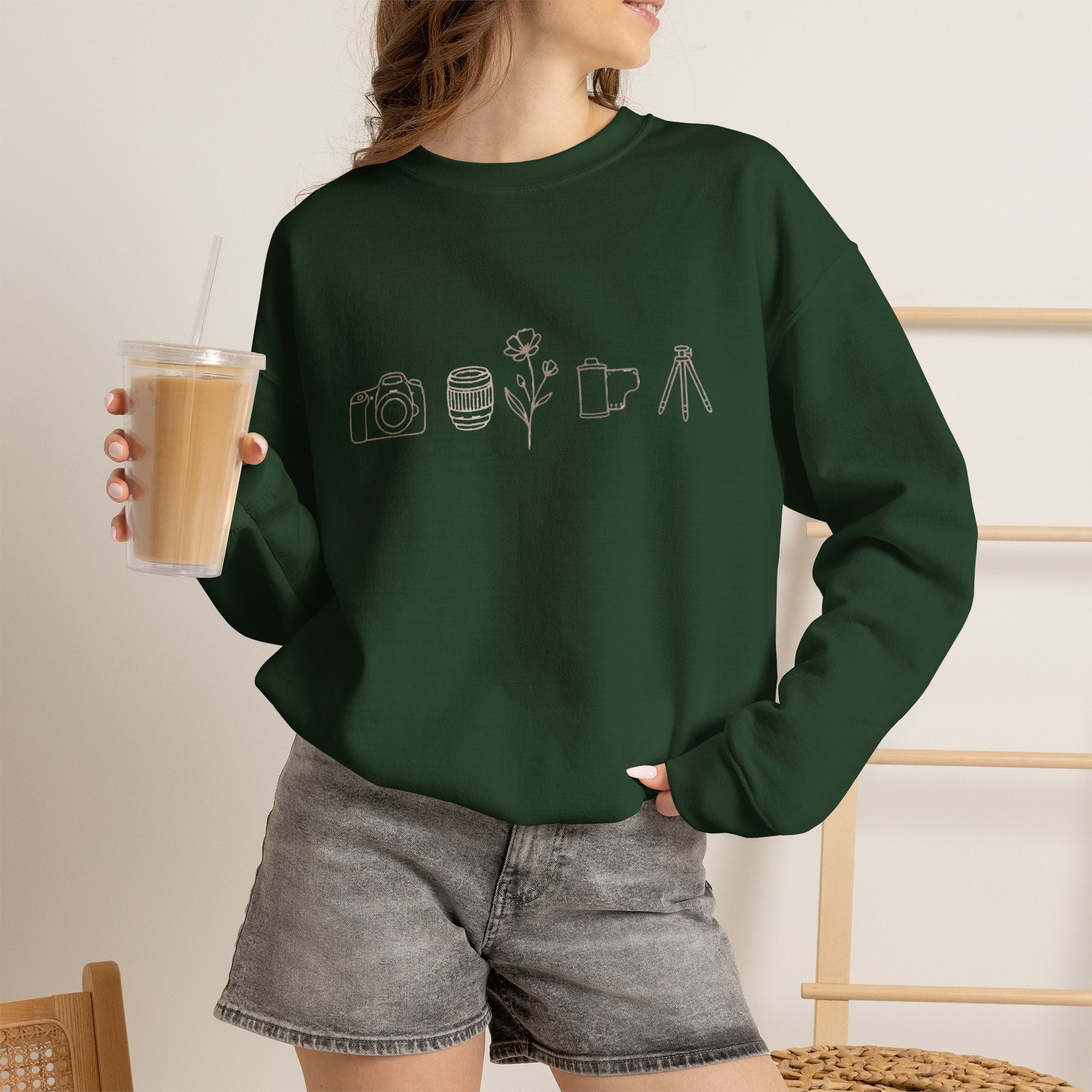 Photography Icons Crewneck Sweatshirt — Minimal Camera, Lens, Film & Tripod Design