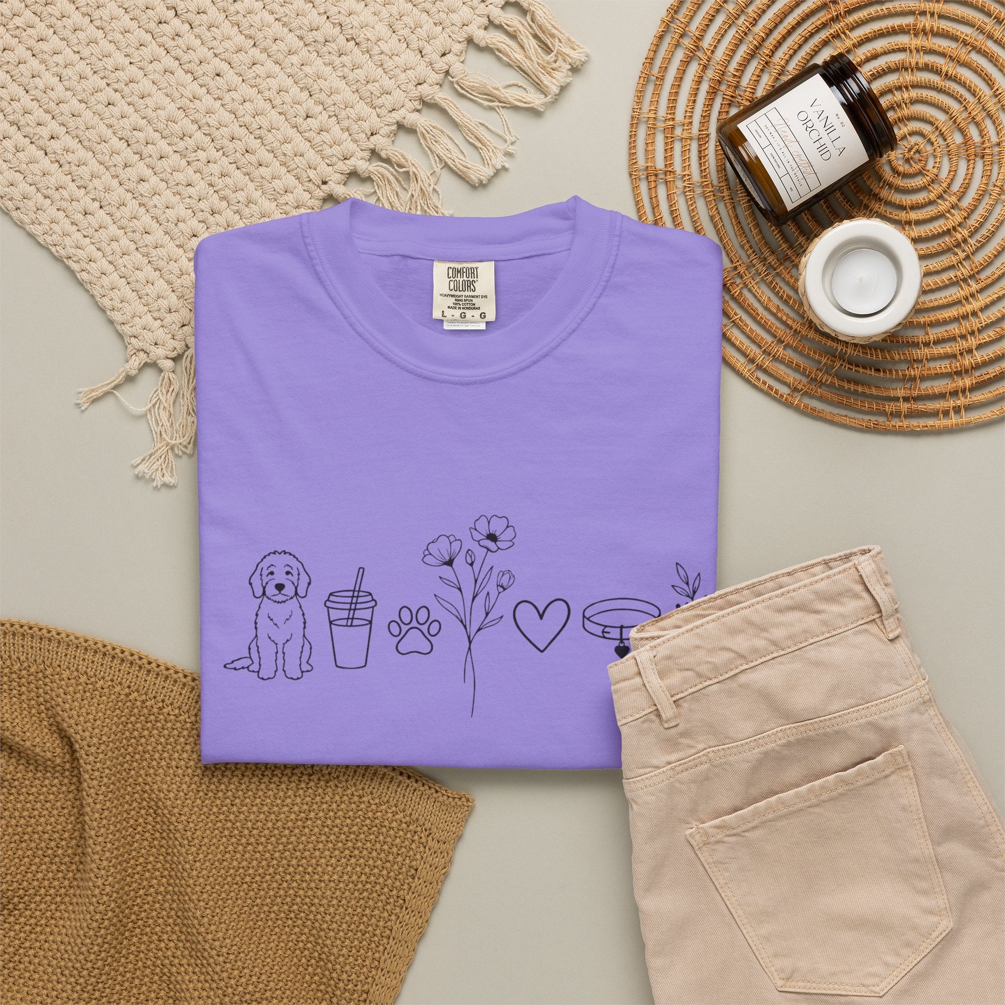 Minimal Doodle and Floral Icons T-Shirt — Coffee, Plants & Dog Line Art Tee