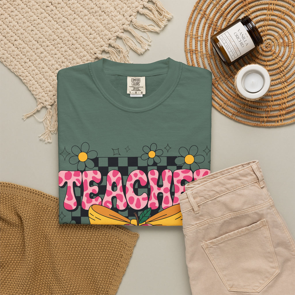 Teacher Floral Bow T‑Shirt — Cute Checkerboard & Heart Design for Educators