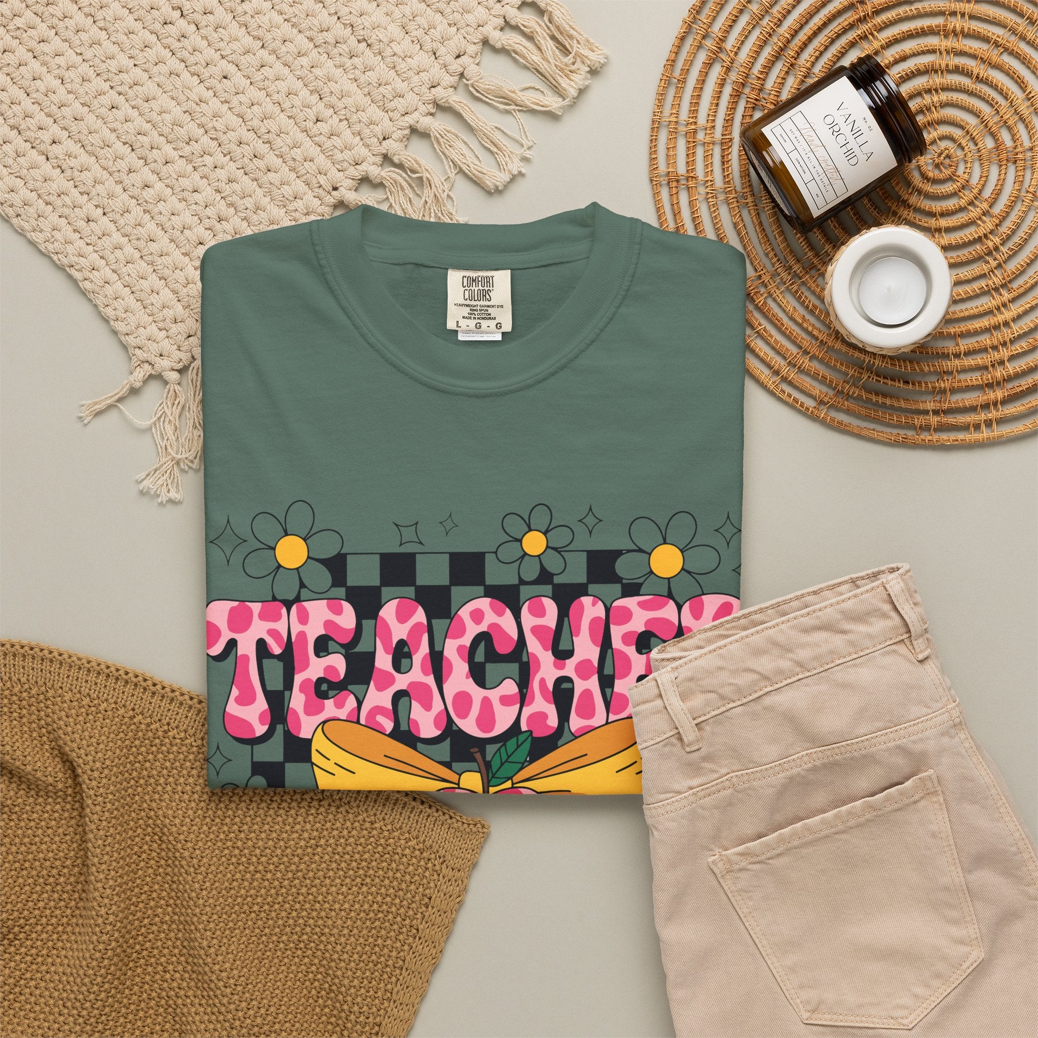 Teacher Floral Bow T‑Shirt — Cute Checkerboard & Heart Design for Educators