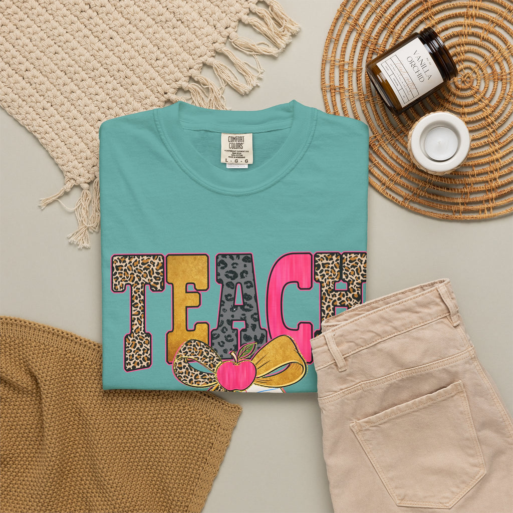 Teacher Graphic Tee — 'TEACH' Leopard Print Pencil Bow Design