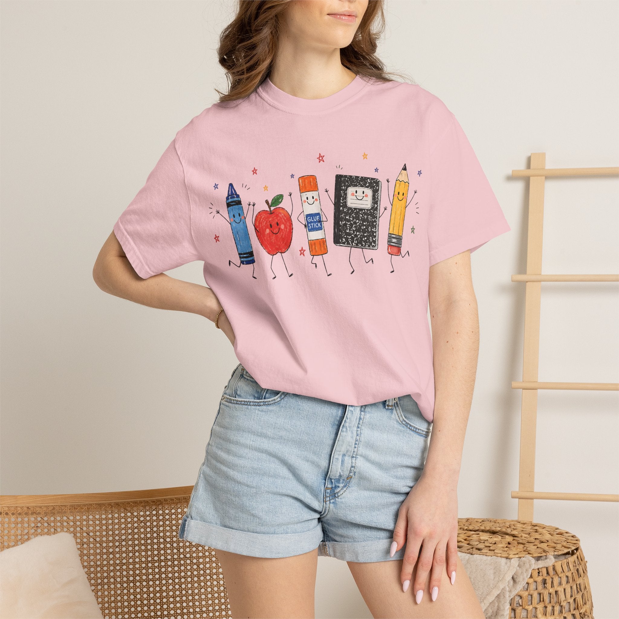 Cute School Supplies Teacher T-Shirt — Happy Apple, Crayon & Pencil Graphic Tee