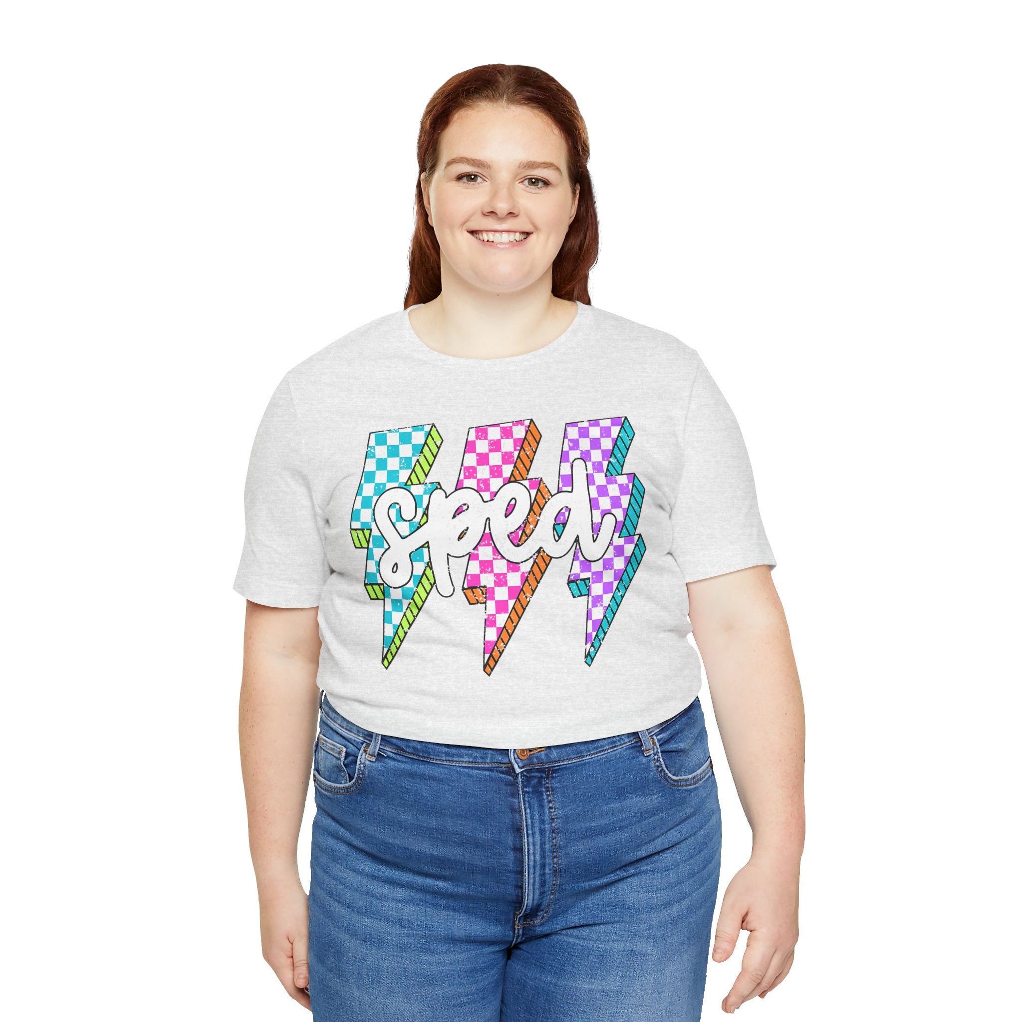 Speed Lightning Tee — Retro Checkerboard Bolt Graphic T-Shirt