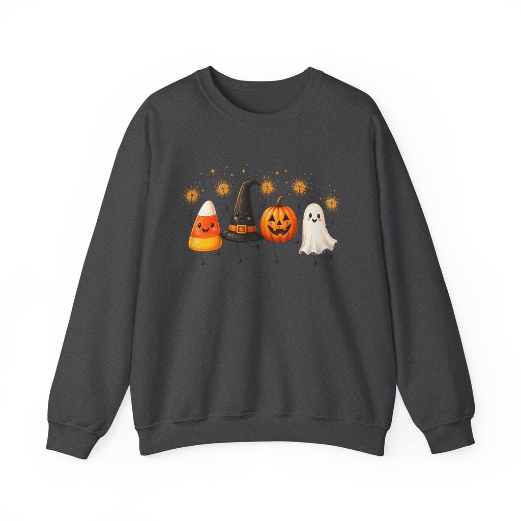 Halloween Friends Crewneck Sweatshirt — Cute Candy Corn, Witch Hat, Jack-o'-Lantern & Ghost Design