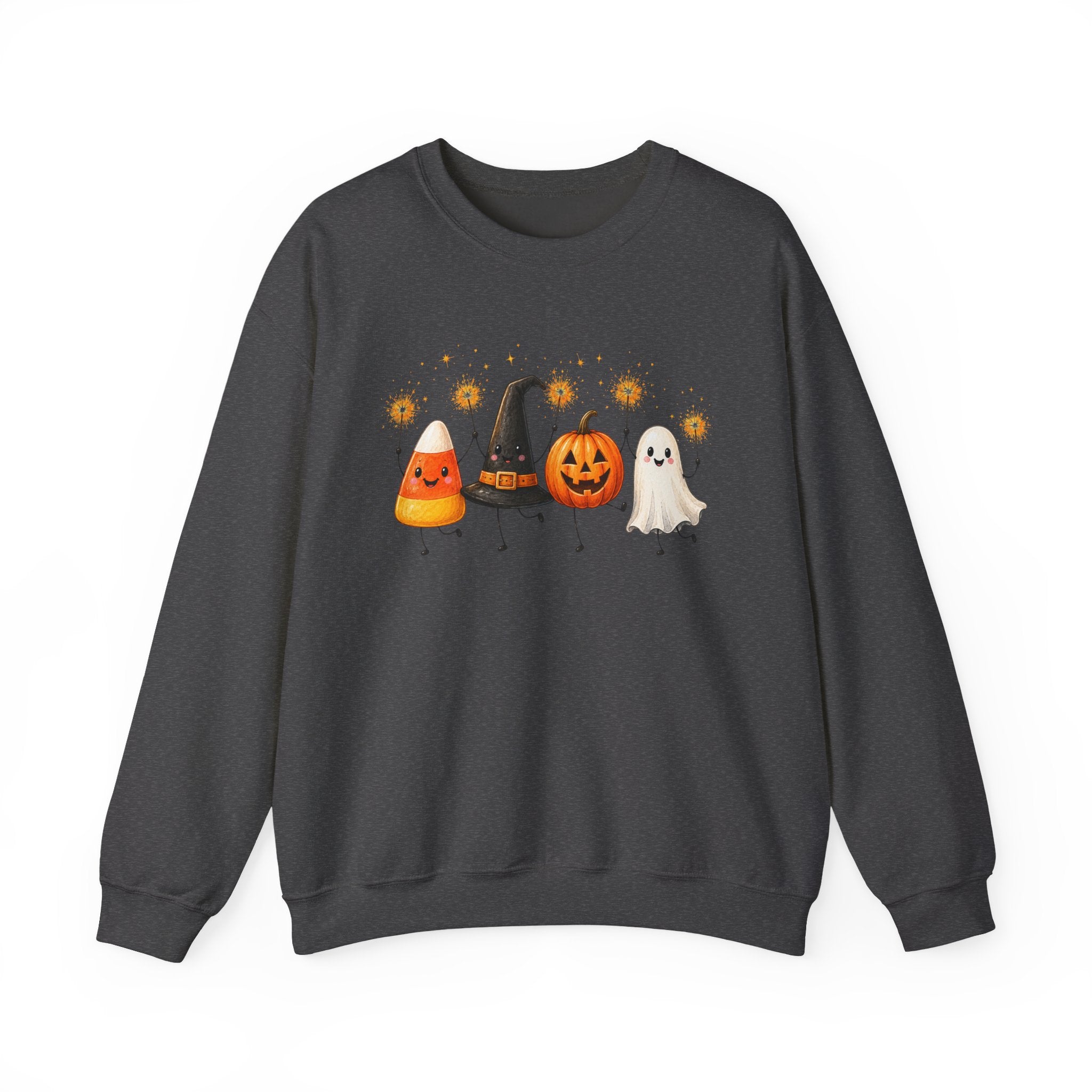 Halloween Friends Crewneck Sweatshirt — Cute Candy Corn, Witch Hat, Jack-o'-Lantern & Ghost Design
