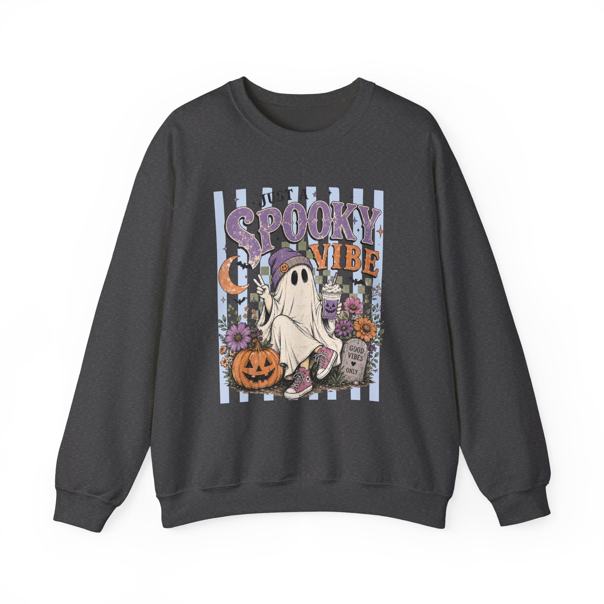 Spooky Vibe Crewneck Sweatshirt — Cute Halloween Ghost Pumpkin Graphic
