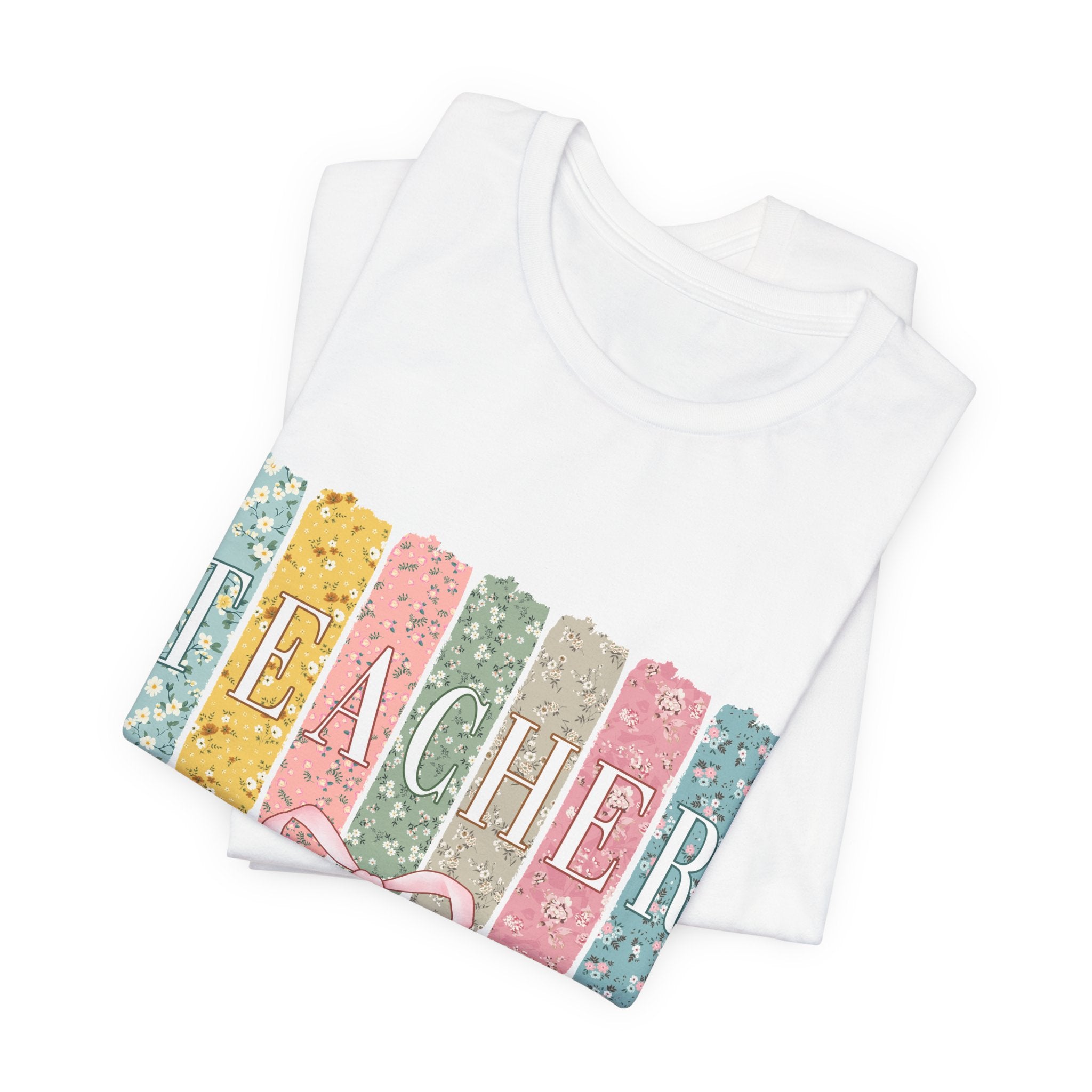 Teacher Floral Stripe T-Shirt - Pastel Ribbon Classroom Gift