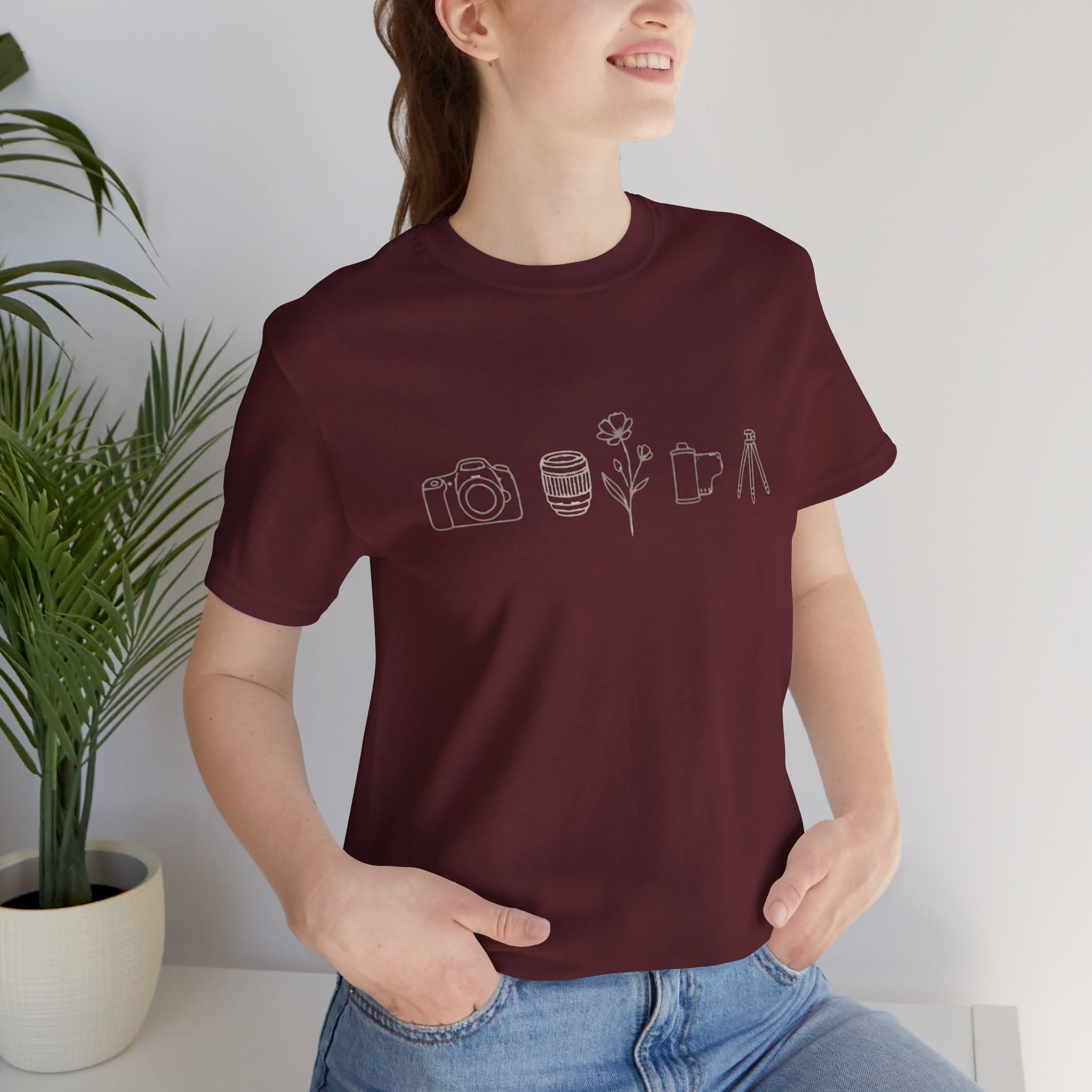 Photography Icons Tee — Minimal Camera, Film, Flower & Tripod Graphic Shirt