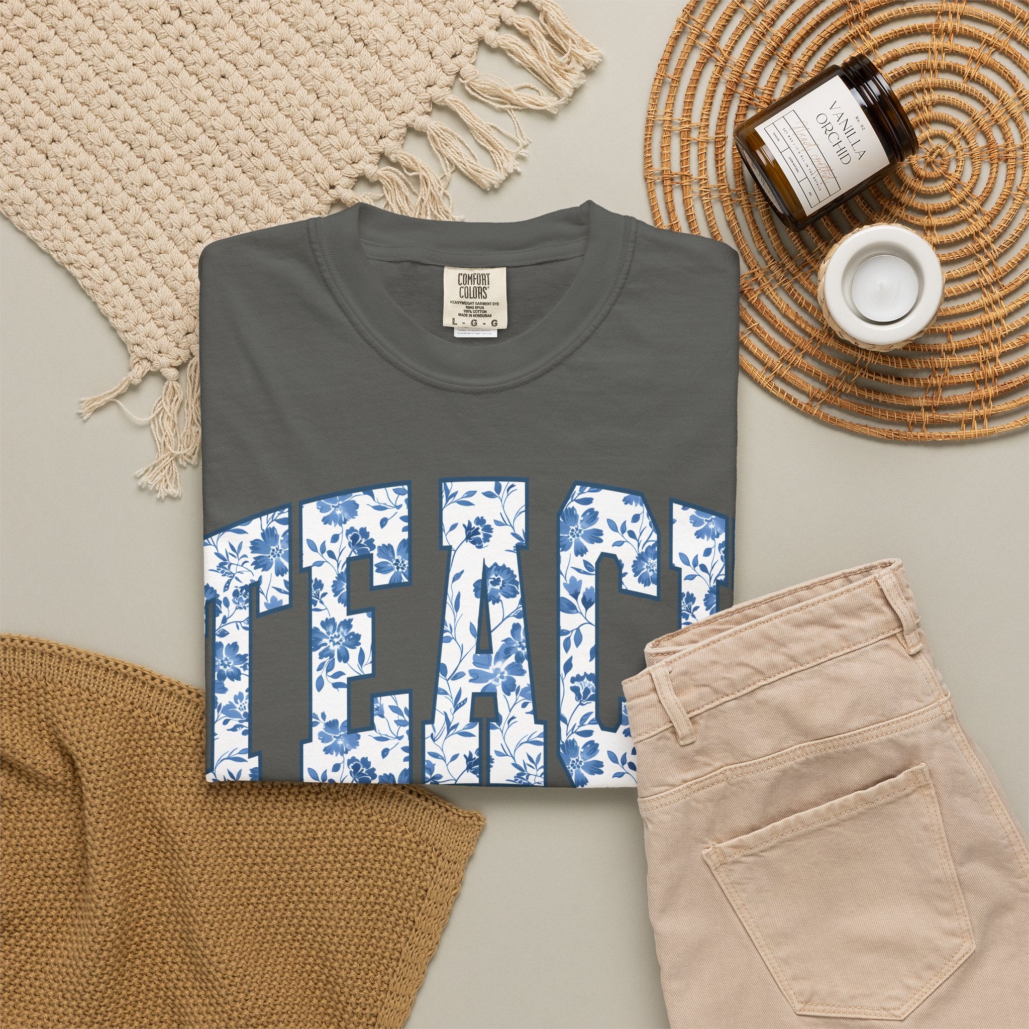 Teacher Floral Arch T-Shirt — 'TEACH' Blue Floral Print Tee