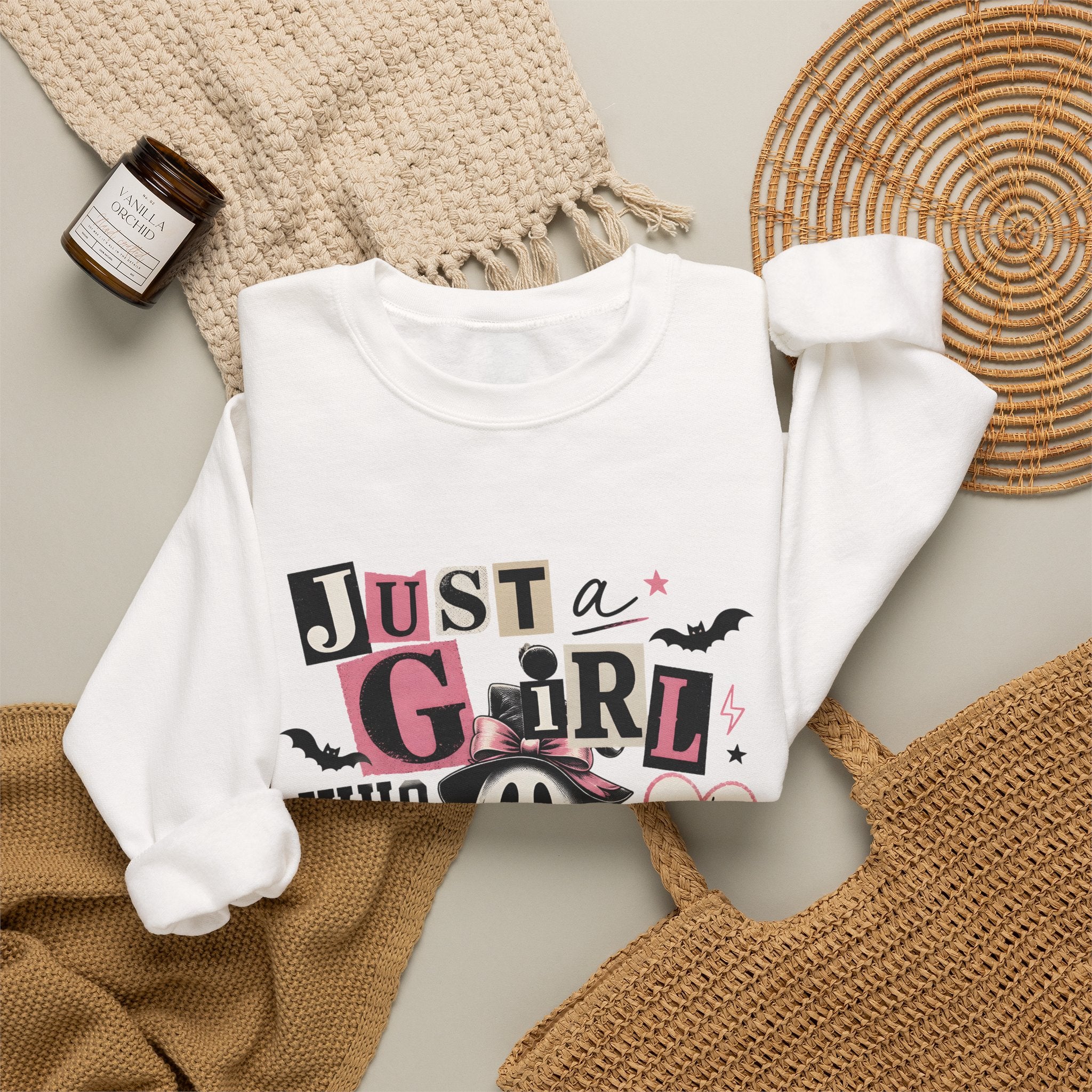 Halloween Sweatshirt — "Just a Girl Who Loves Halloween" Cute Ghost & Pumpkin Crewneck