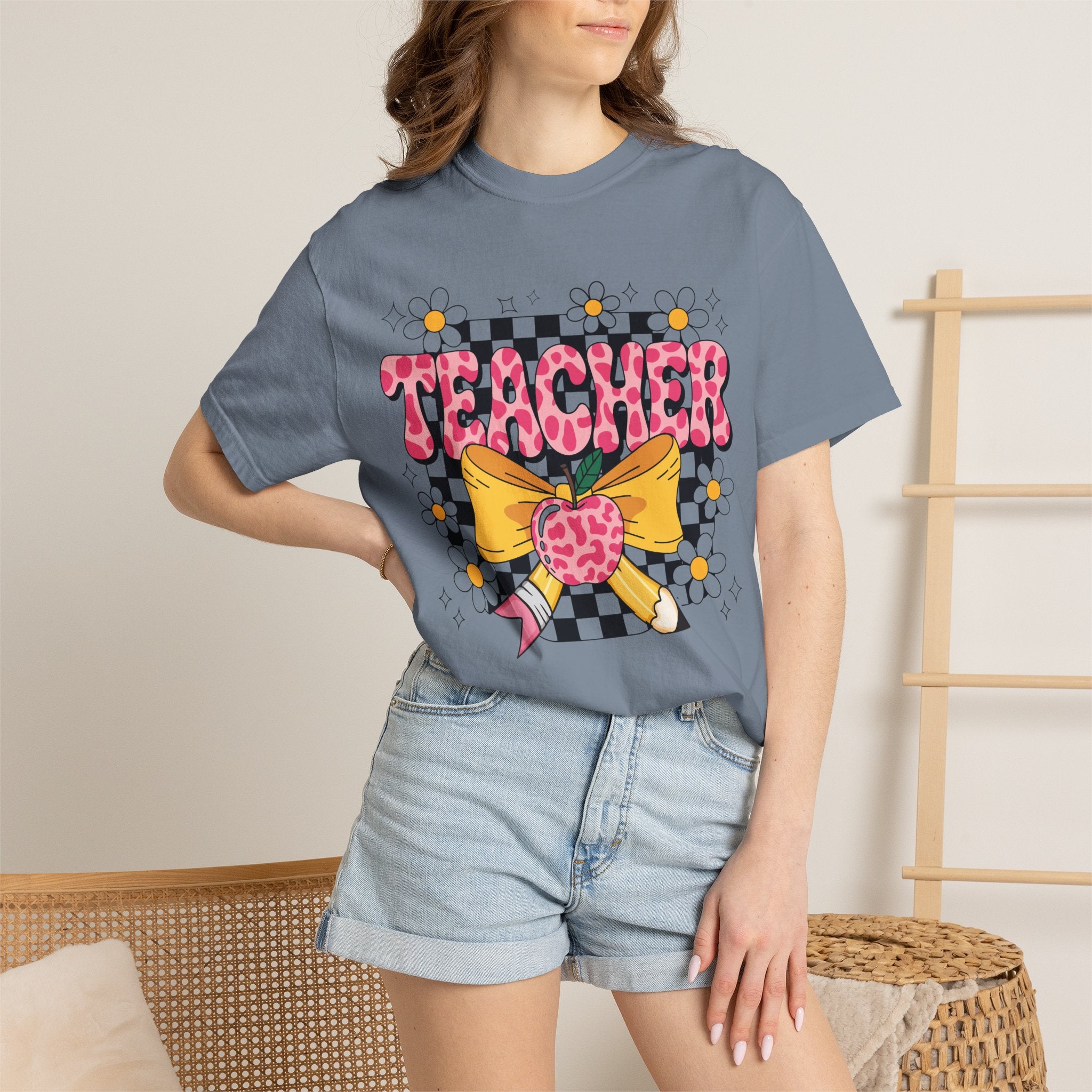 Teacher Floral Bow T‑Shirt — Cute Checkerboard & Heart Design for Educators