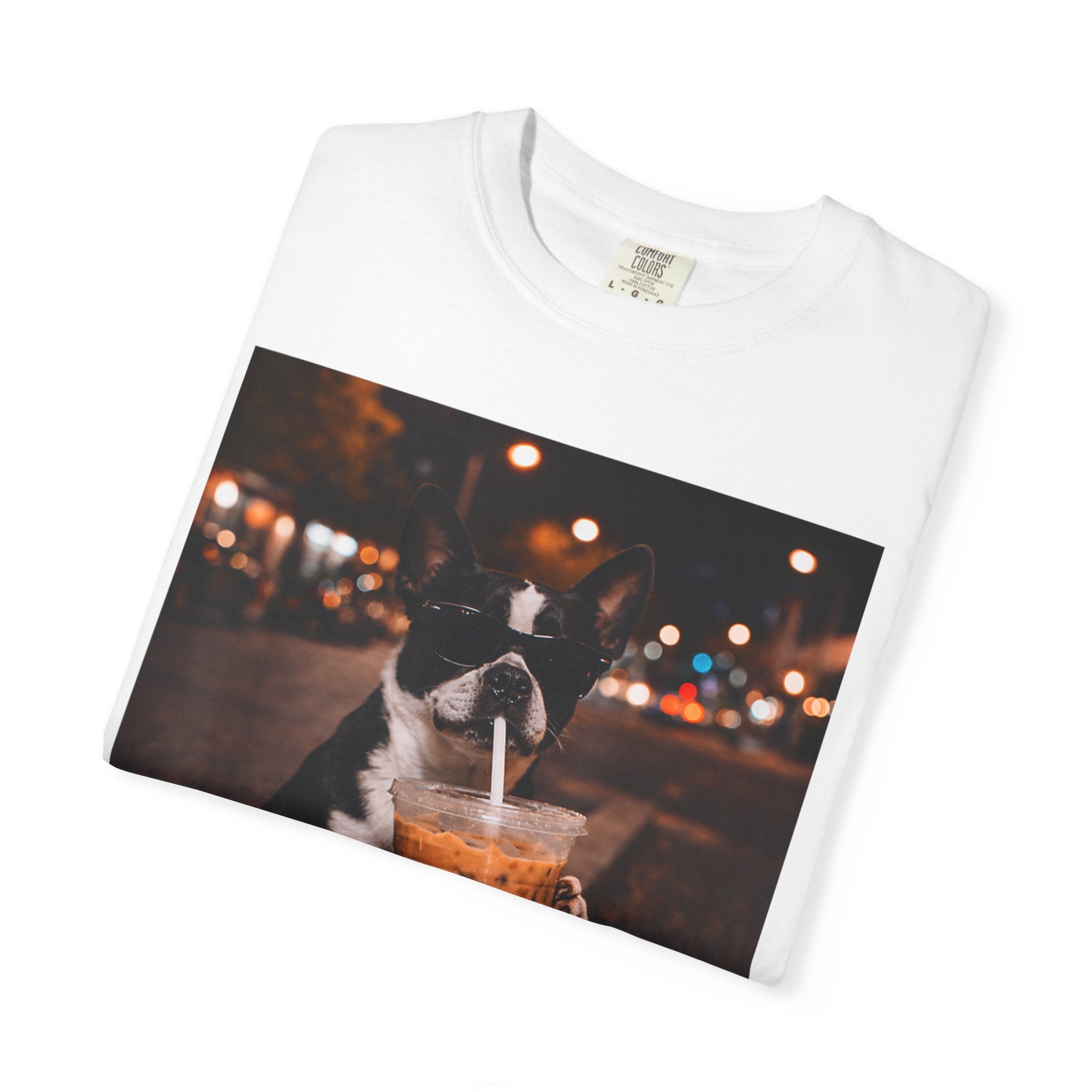 Boston Terrier Sipping Iced Coffee T-Shirt — Cute Dog Photo Tee
