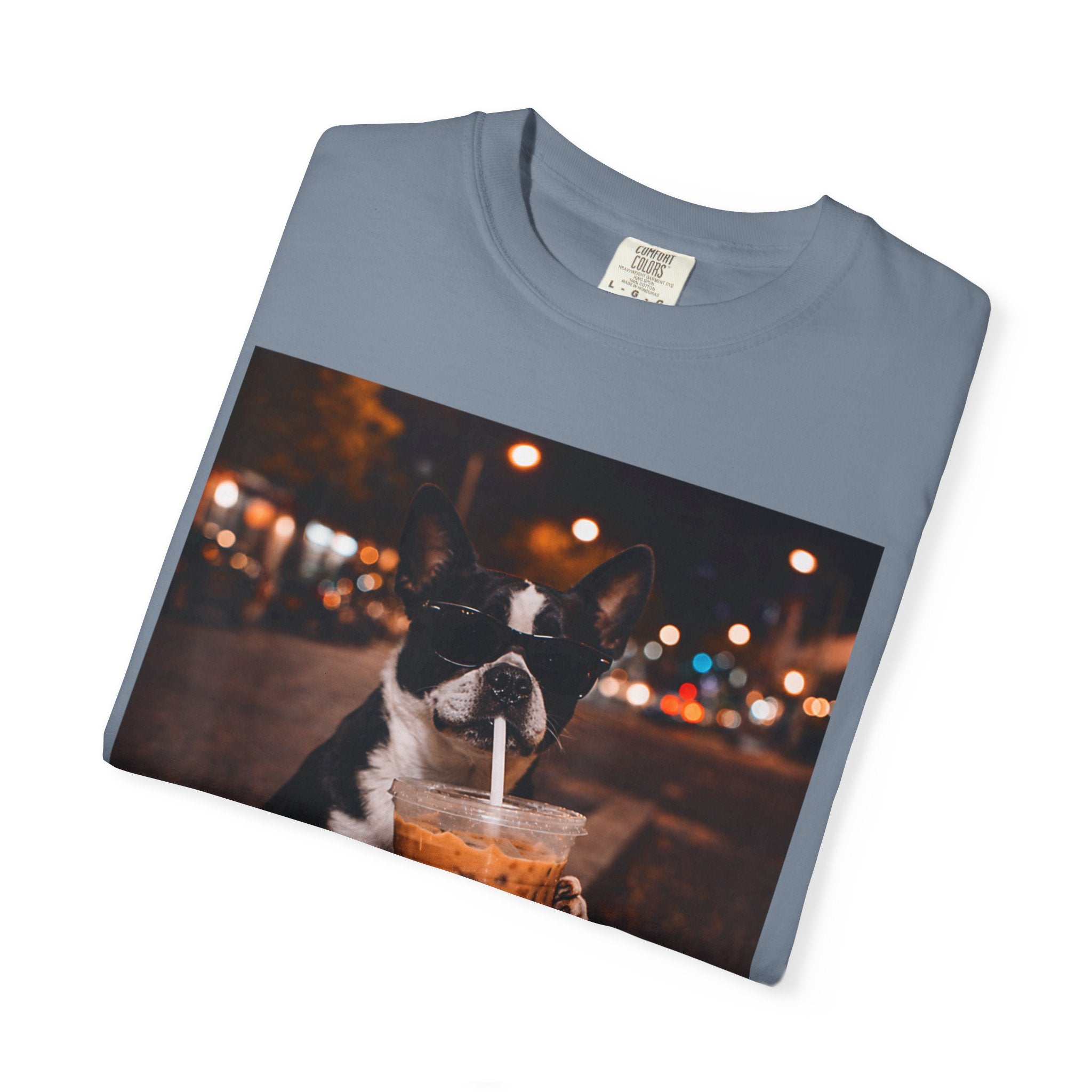 Boston Terrier Sipping Iced Coffee T-Shirt — Cute Dog Photo Tee