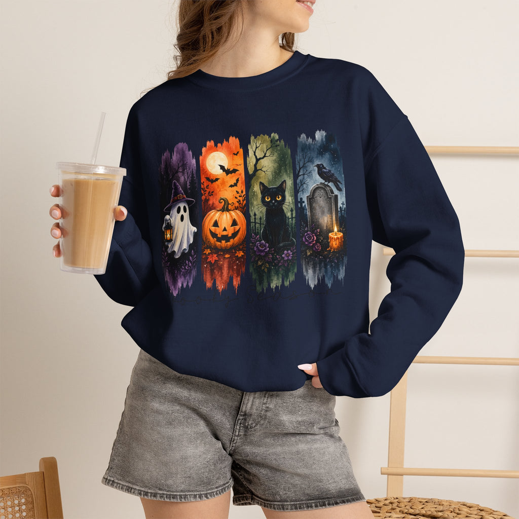 Halloween Seasons Crewneck Sweatshirt — Spooky Ghost, Jack-o'-Lantern & Haunted Night Design