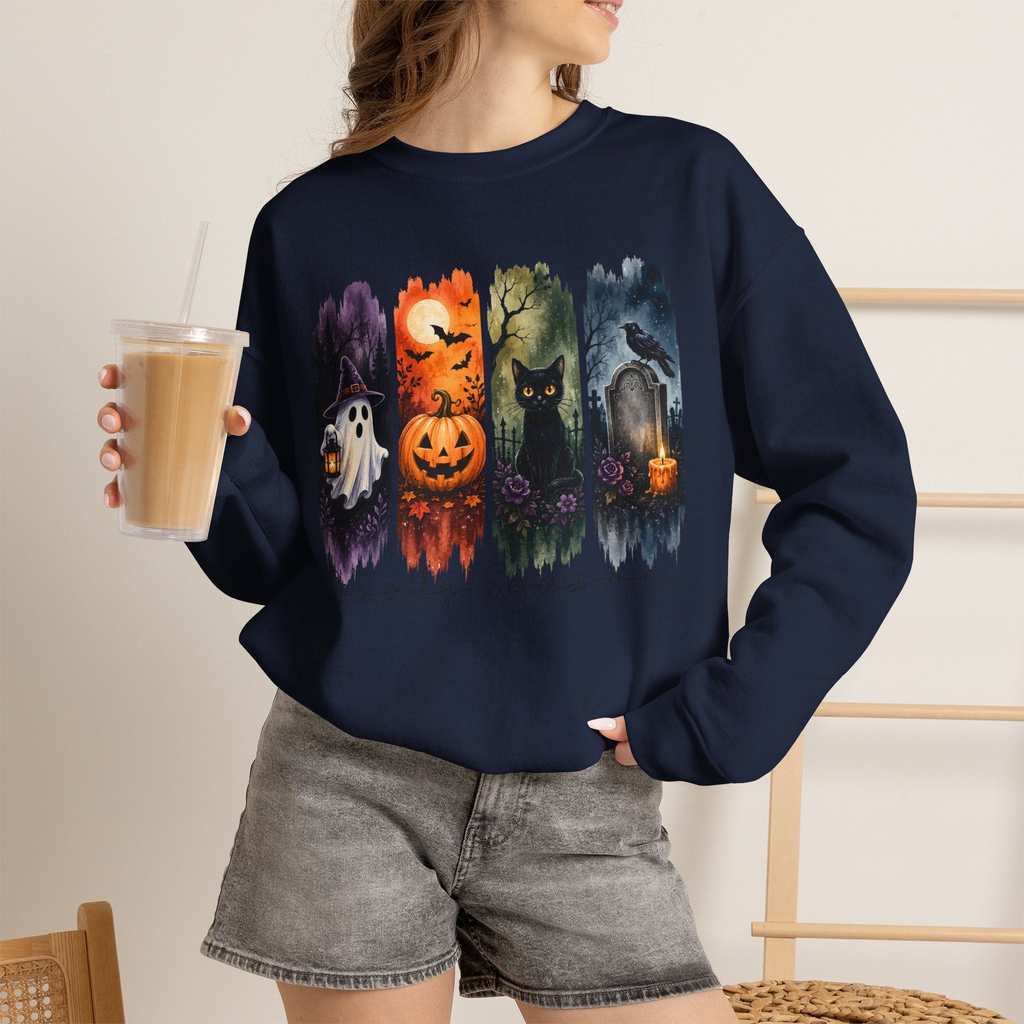 Halloween Seasons Crewneck Sweatshirt — Spooky Ghost, Jack-o'-Lantern & Haunted Night Design