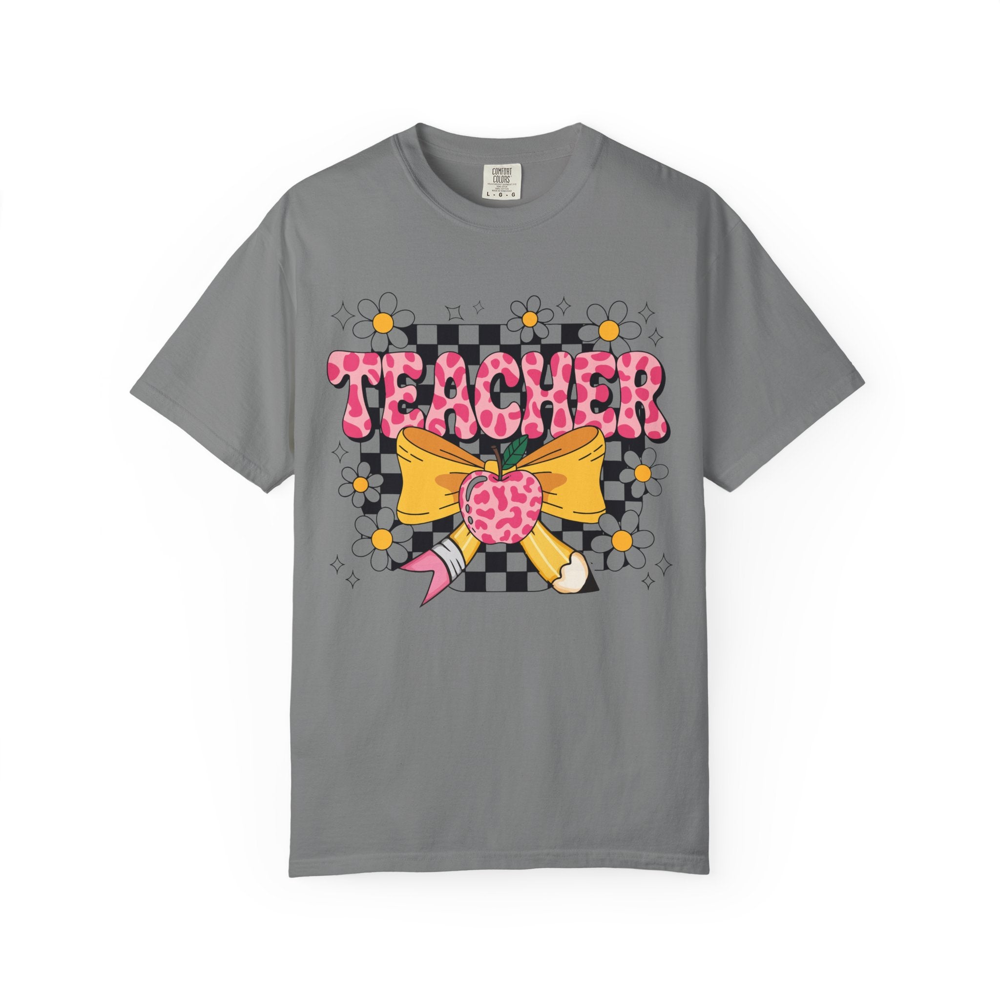 Teacher Floral Bow T‑Shirt — Cute Checkerboard & Heart Design for Educators