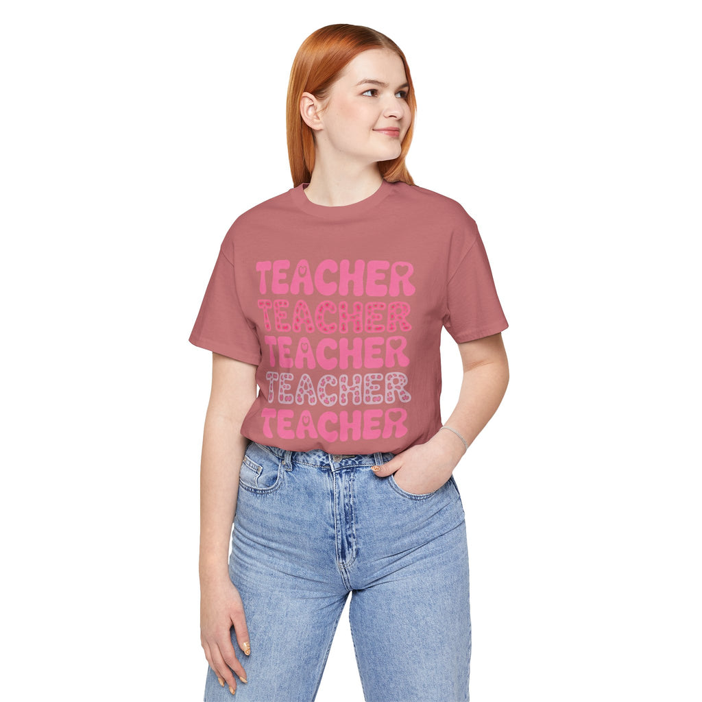 Teacher Repeating Pink Typography T‑Shirt