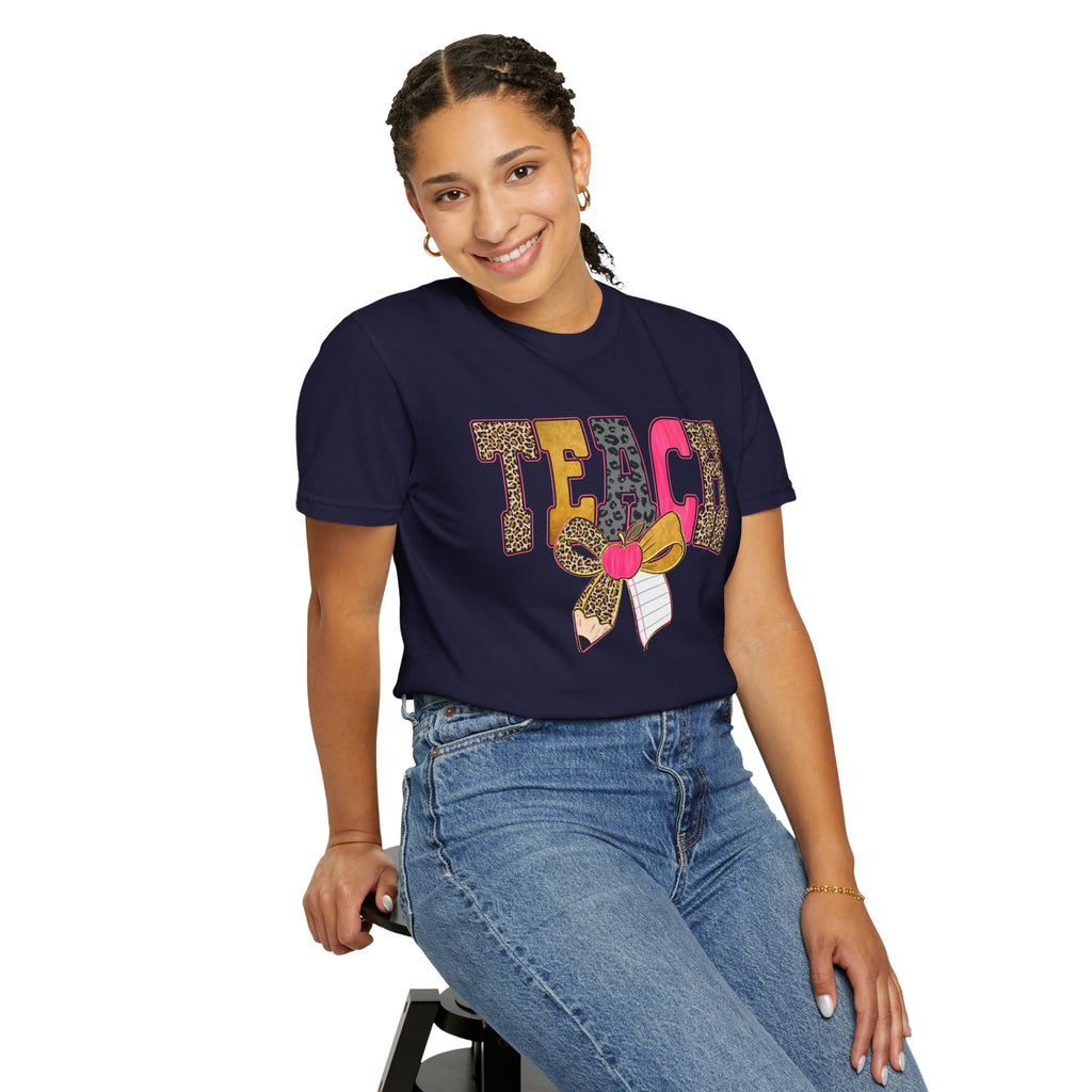 Teacher Graphic Tee — 'TEACH' Leopard Print Pencil Bow Design