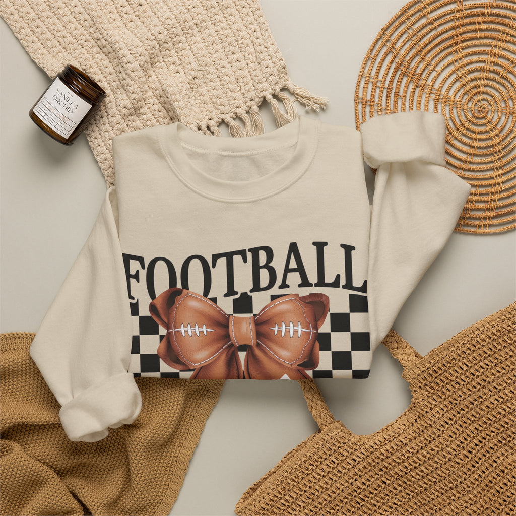 Football Mama Crewneck Sweatshirt — Retro Checkerboard Football Graphic