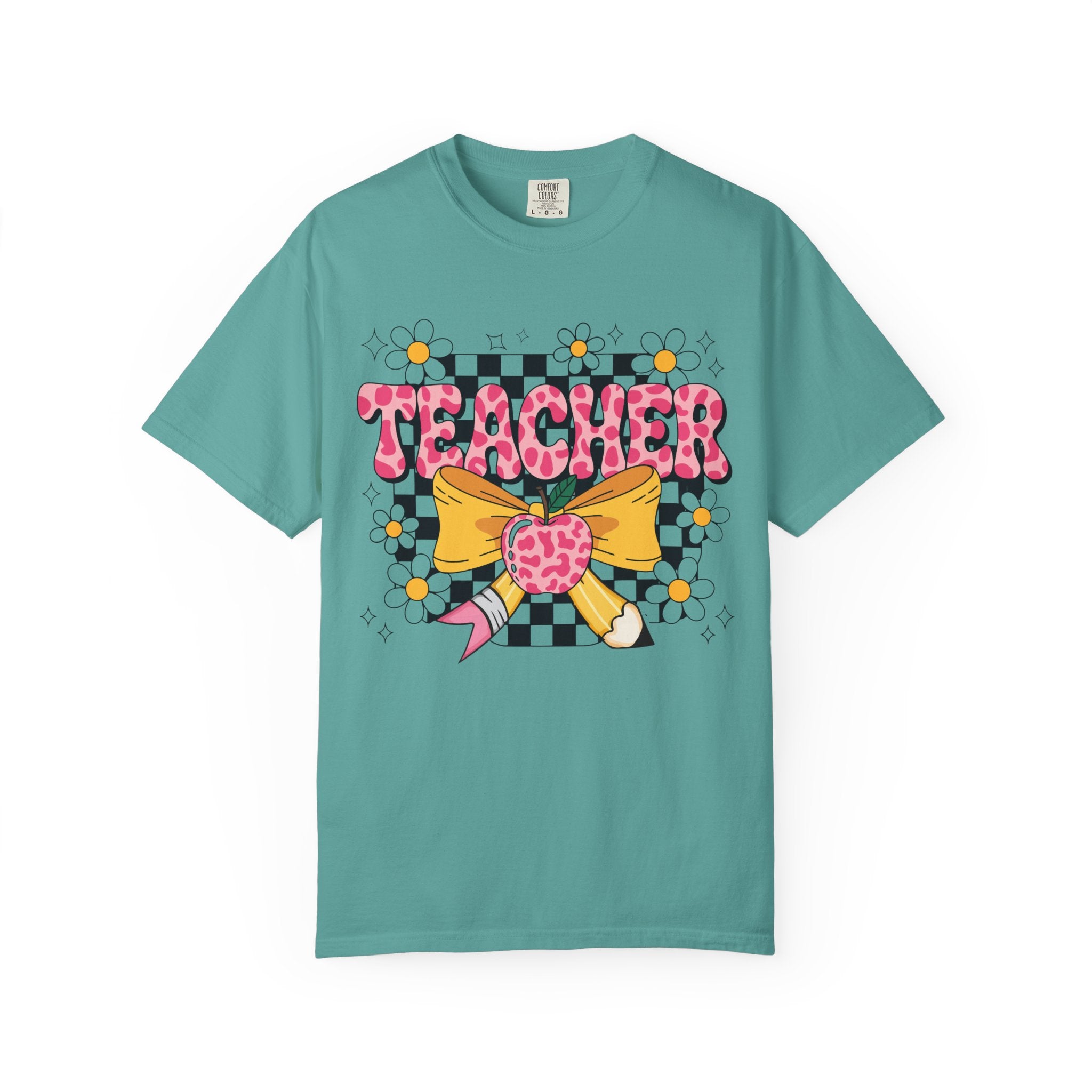 Teacher Floral Bow T‑Shirt — Cute Checkerboard & Heart Design for Educators