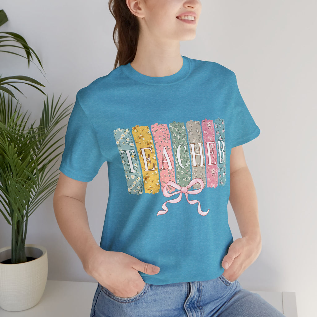 Teacher Floral Stripe T-Shirt - Pastel Ribbon Classroom Gift