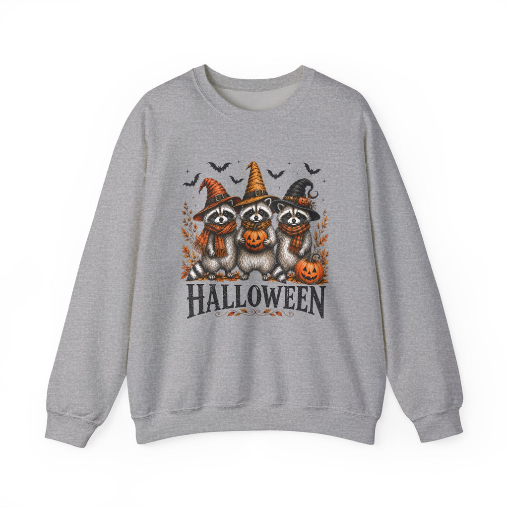 Halloween Raccoon Crewneck Sweatshirt — Cute Witch Hats & Pumpkin Design