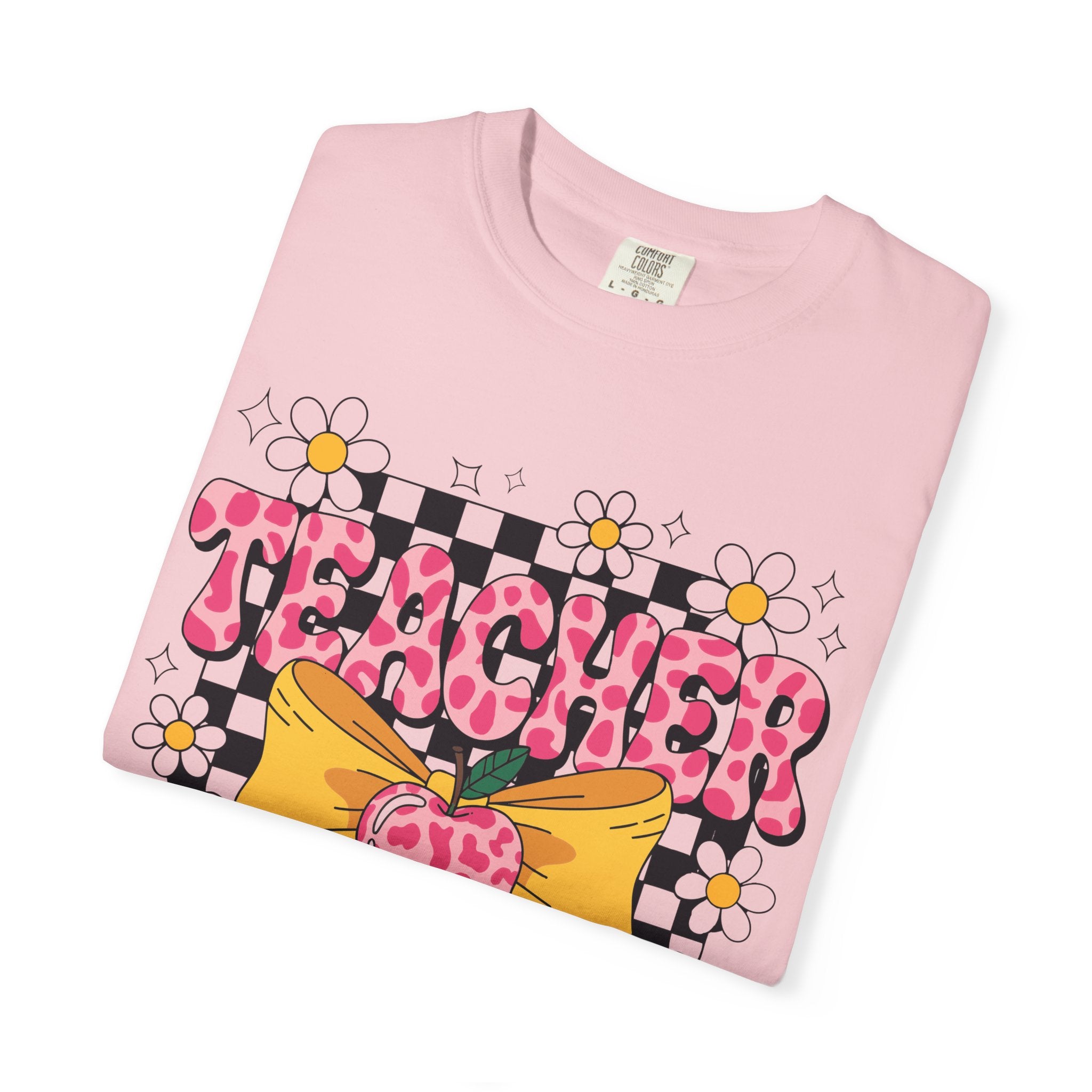 Teacher Floral Bow T‑Shirt — Cute Checkerboard & Heart Design for Educators