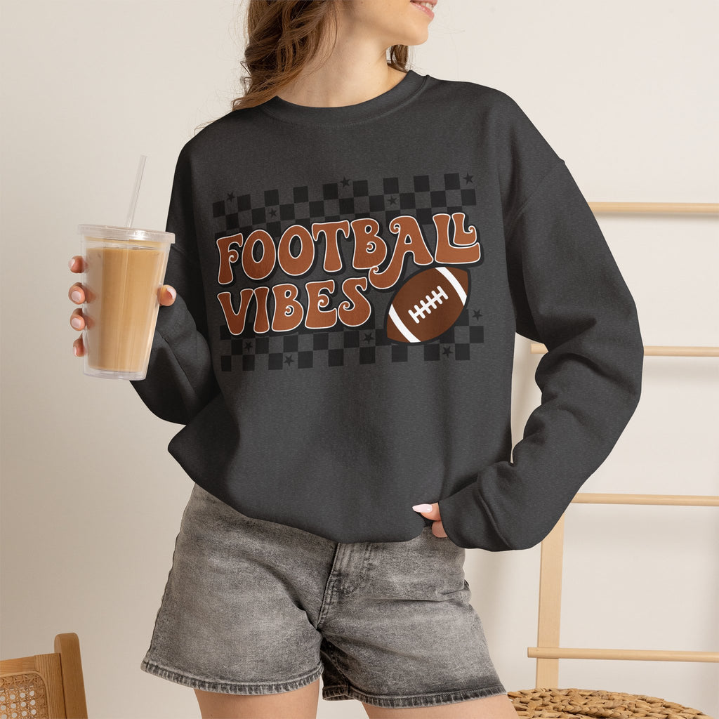 Football Vibes Crewneck Sweatshirt — Retro Checkerboard Football Graphic
