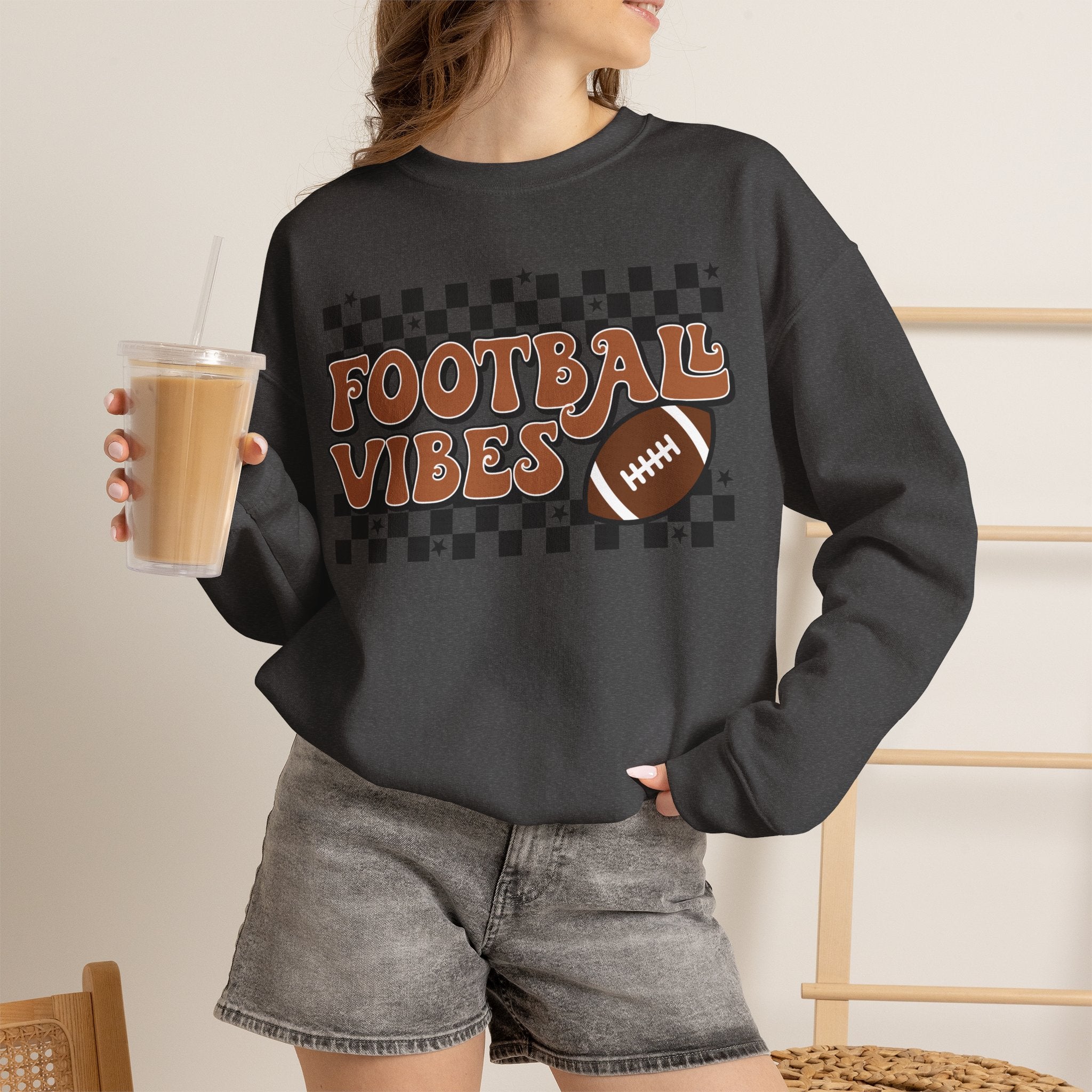 Football Vibes Crewneck Sweatshirt — Retro Checkerboard Football Graphic