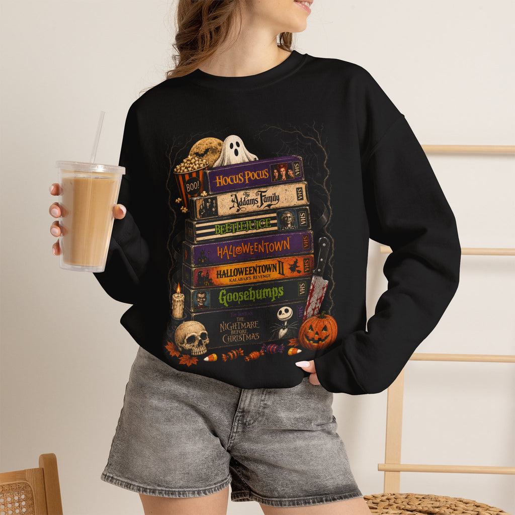 Halloween Book Stack Crewneck Sweatshirt — Spooky Classics Stack with Pumpkin & Skulls