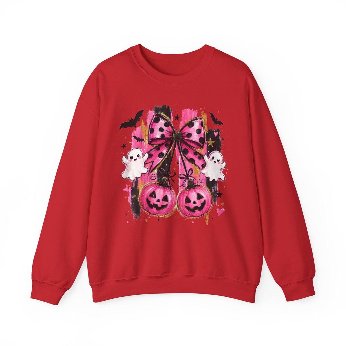 Halloween Pink Pumpkins Crewneck Sweatshirt — Cute Ghosts & Polka Dot Bow Design