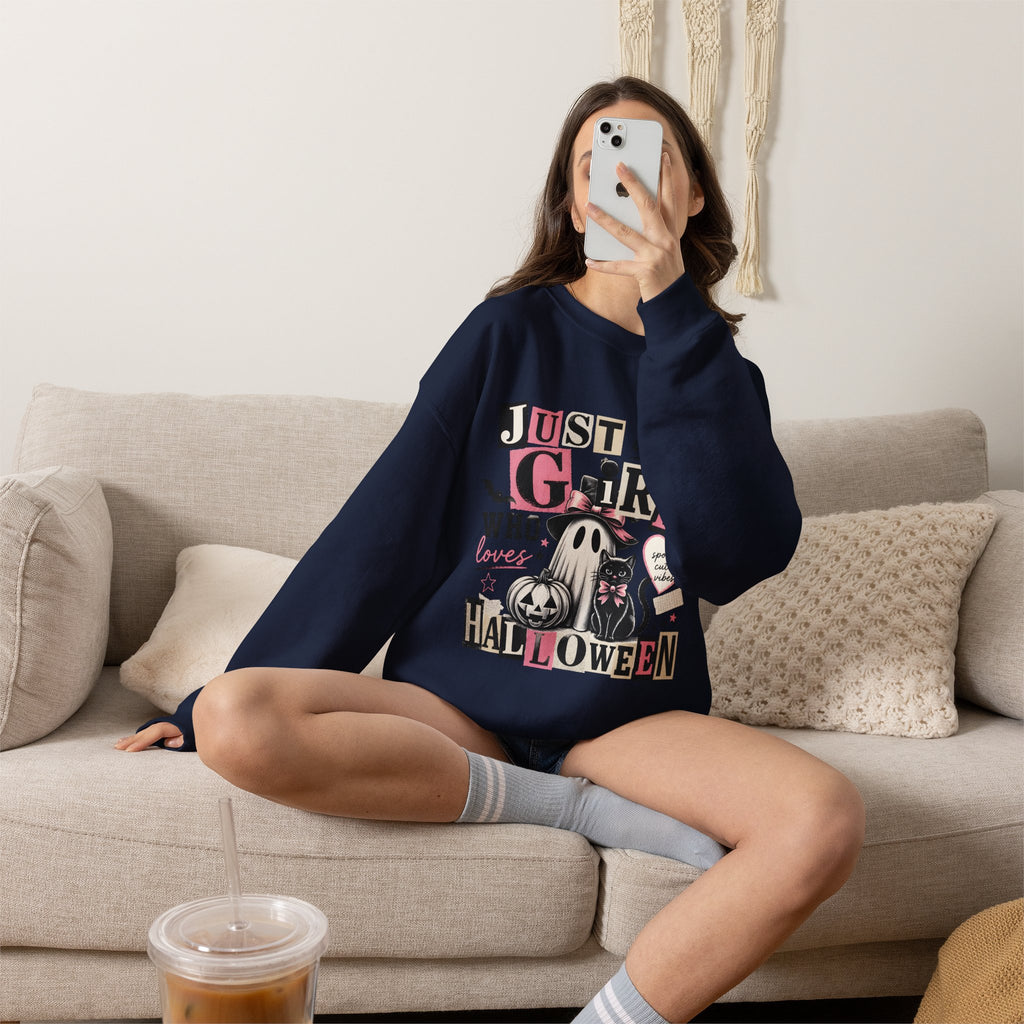 Halloween Sweatshirt — "Just a Girl Who Loves Halloween" Cute Ghost & Pumpkin Crewneck