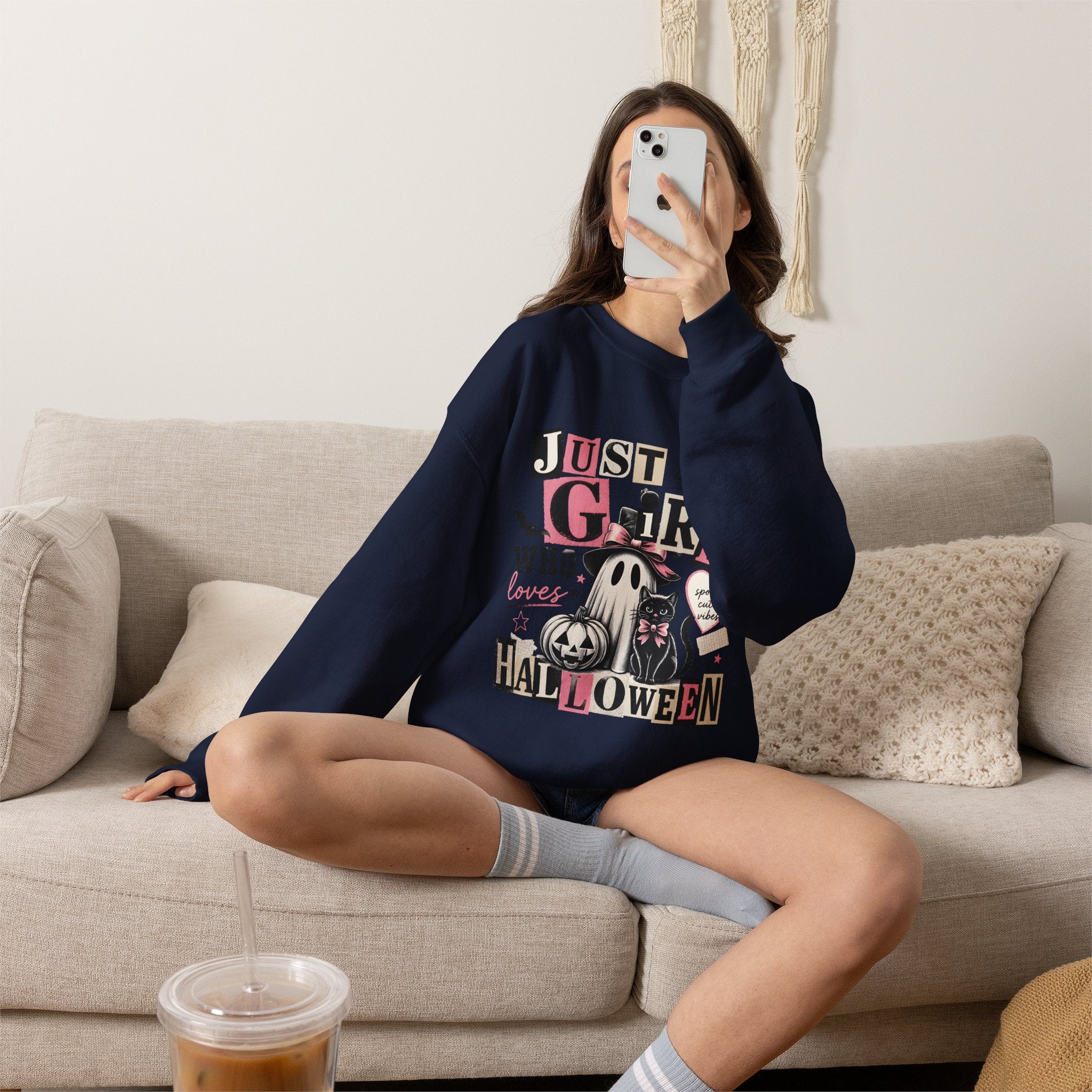 Halloween Sweatshirt — "Just a Girl Who Loves Halloween" Cute Ghost & Pumpkin Crewneck