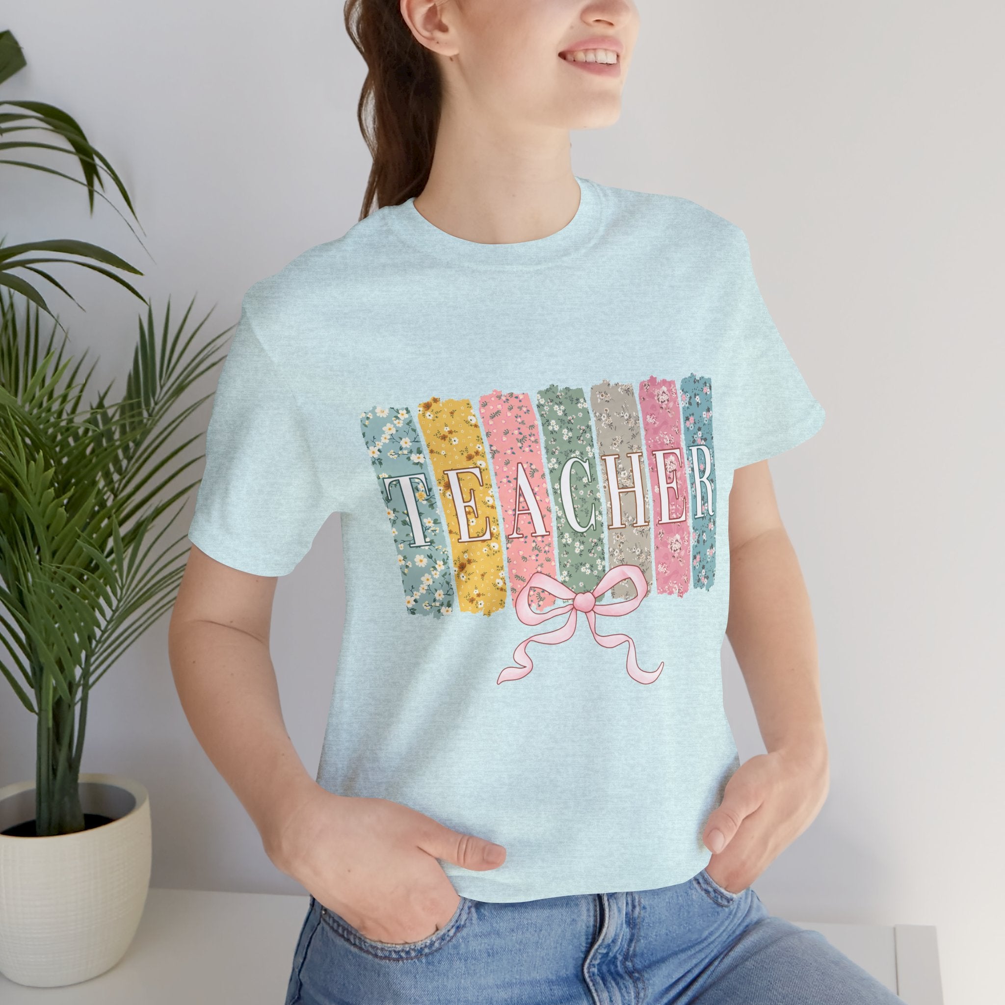 Teacher Floral Stripe T-Shirt - Pastel Ribbon Classroom Gift