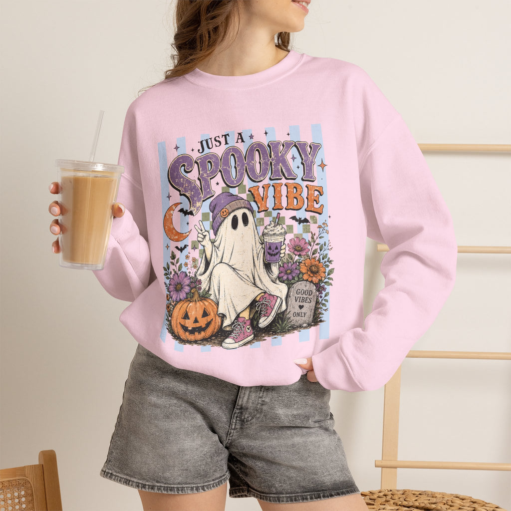 Spooky Vibe Crewneck Sweatshirt — Cute Halloween Ghost Pumpkin Graphic