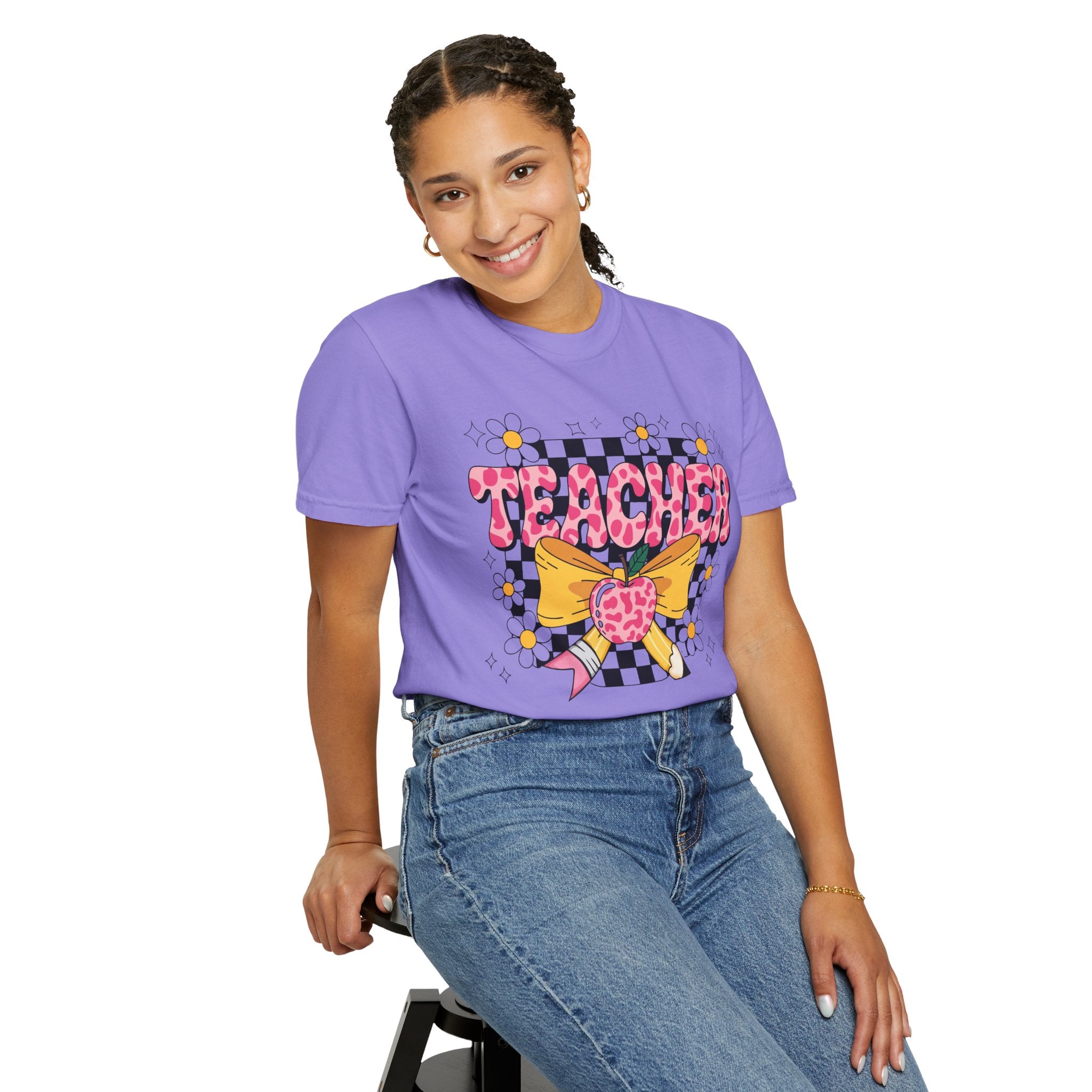 Teacher Floral Bow T‑Shirt — Cute Checkerboard & Heart Design for Educators