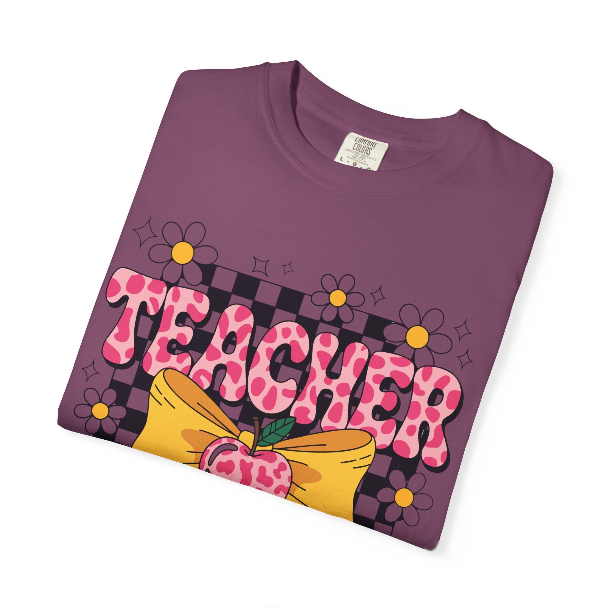Teacher Floral Bow T‑Shirt — Cute Checkerboard & Heart Design for Educators
