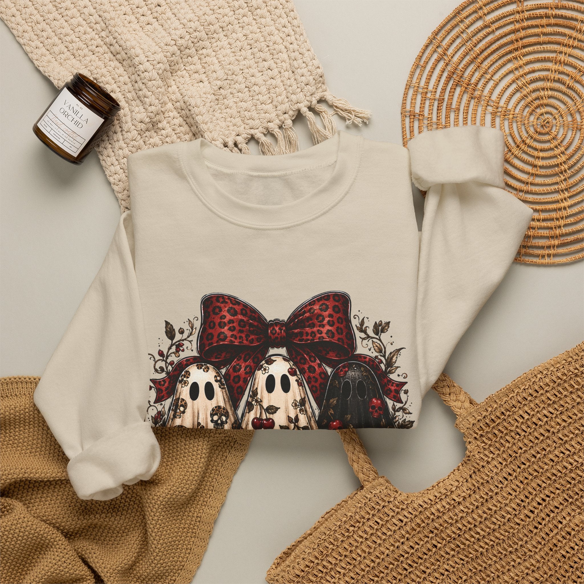 Ghost Trio Floral Crewneck Sweatshirt – Leopard Bow Halloween Pullover