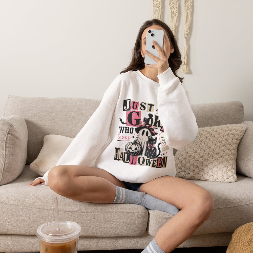 Halloween Sweatshirt — "Just a Girl Who Loves Halloween" Cute Ghost & Pumpkin Crewneck