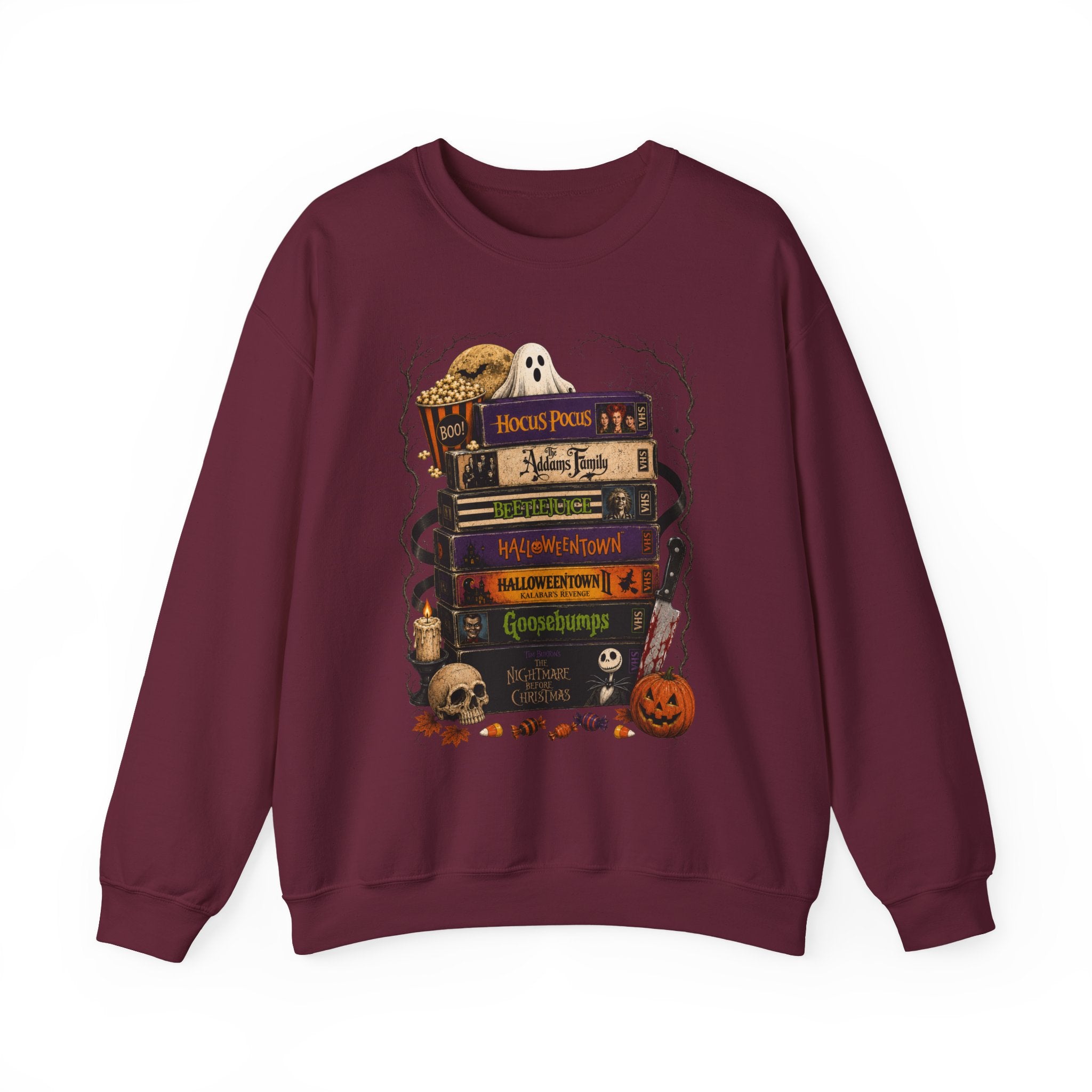 Halloween Book Stack Crewneck Sweatshirt — Spooky Classics Stack with Pumpkin & Skulls